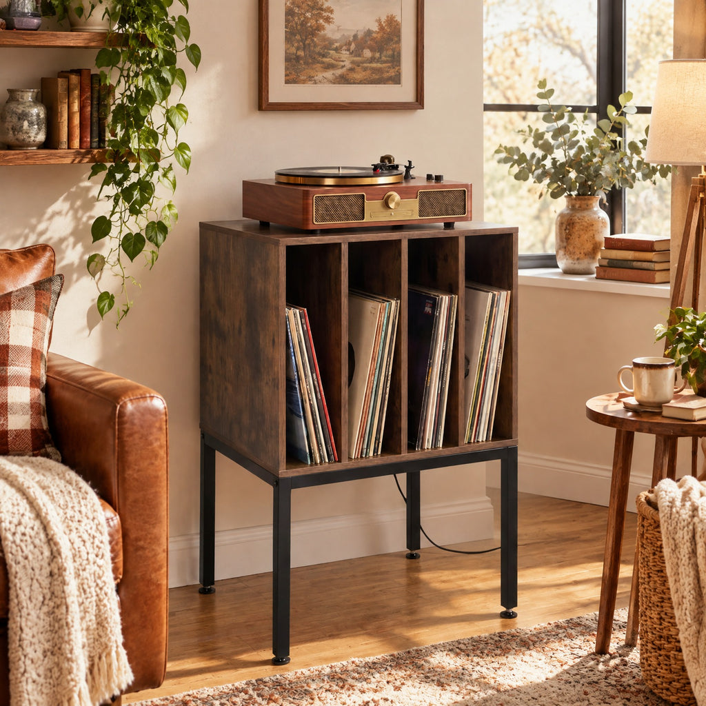 AIRFIND Record Player Stand with Power Outlets, USB and Type-C Ports, Divided Vinyl Storage and Metal Legs, 20 inch Turntable Table, Rustic Brown
