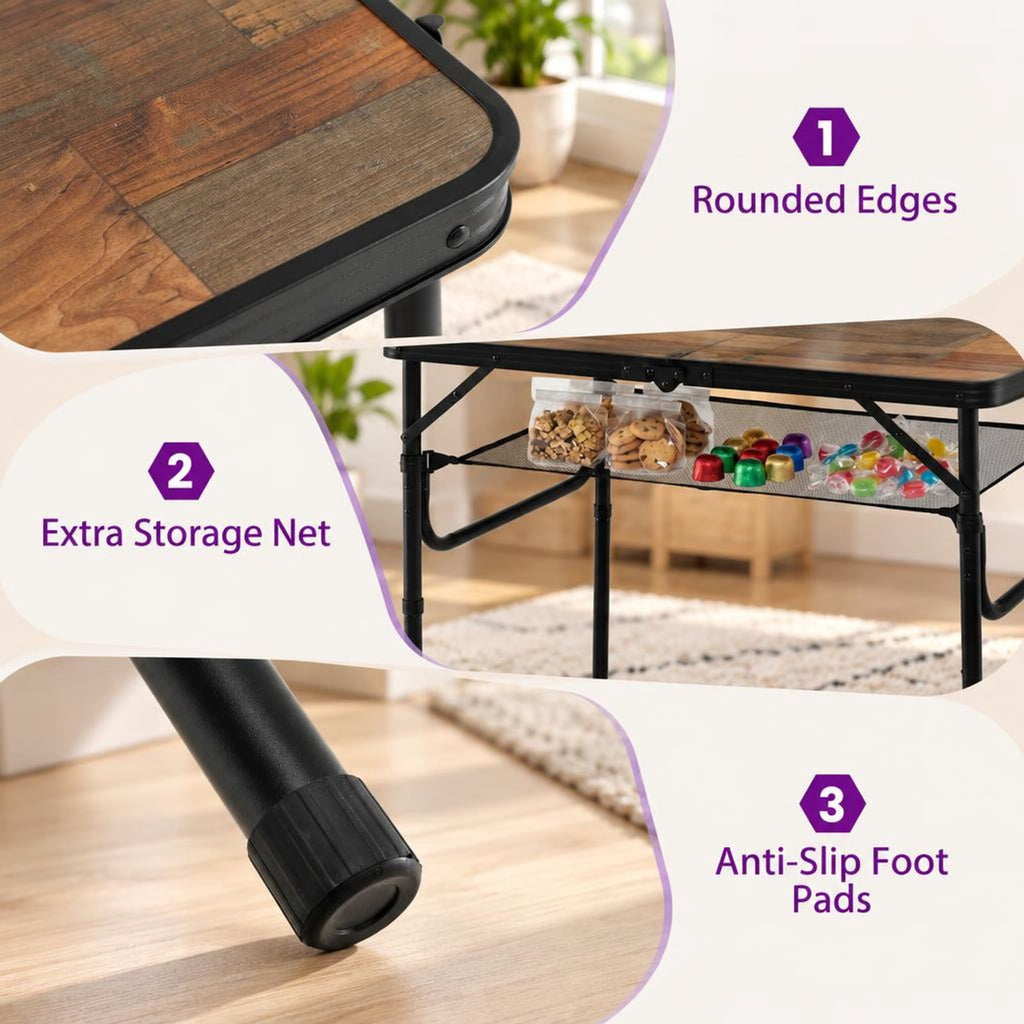 Airfind Folding Camping Table with Adjustable Heights Storage Net and Handle-Black and Brown, 135 lbs Capacity, 37 Inch x 24 Inch x 16 Inch Footprint, Black