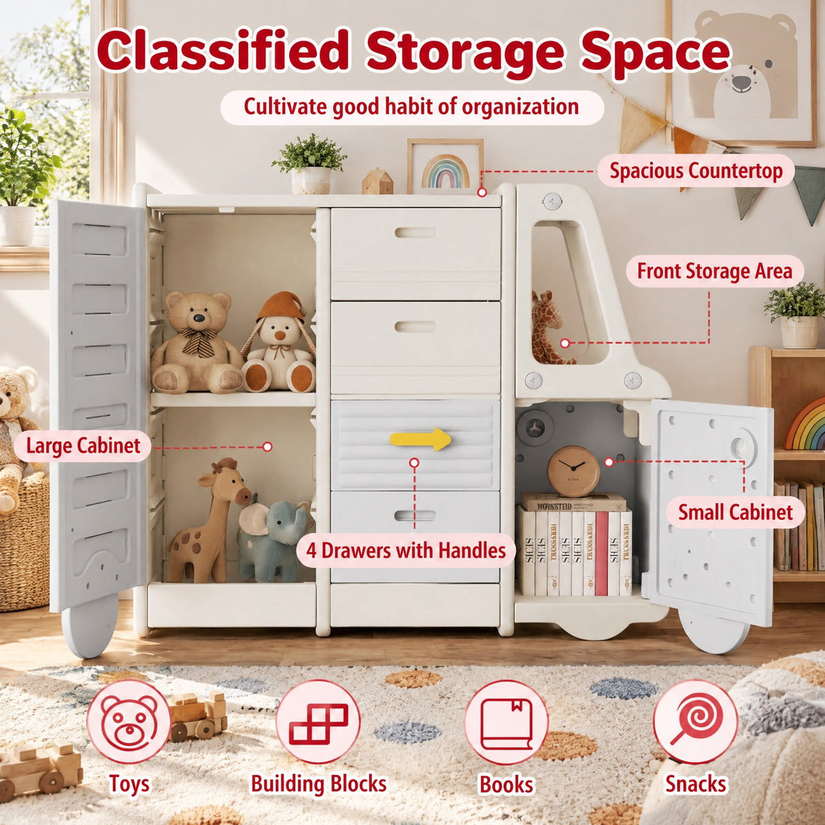 Airfind Kids Toy Storage Organizer Bus-shaped Children Cabinet with 4 Pull-out Drawers with Handles, 180 lbs Capacity, HDPE PP Frame, Grey