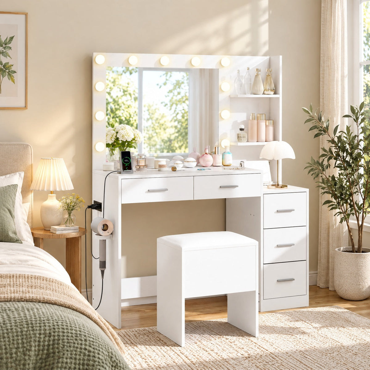 Airfind Makeup Table and Stool Set with Hair Dryer Stand, 230 lbs Capacity, MDF Frame, 43.5in x 16in x 54in Footprint, White