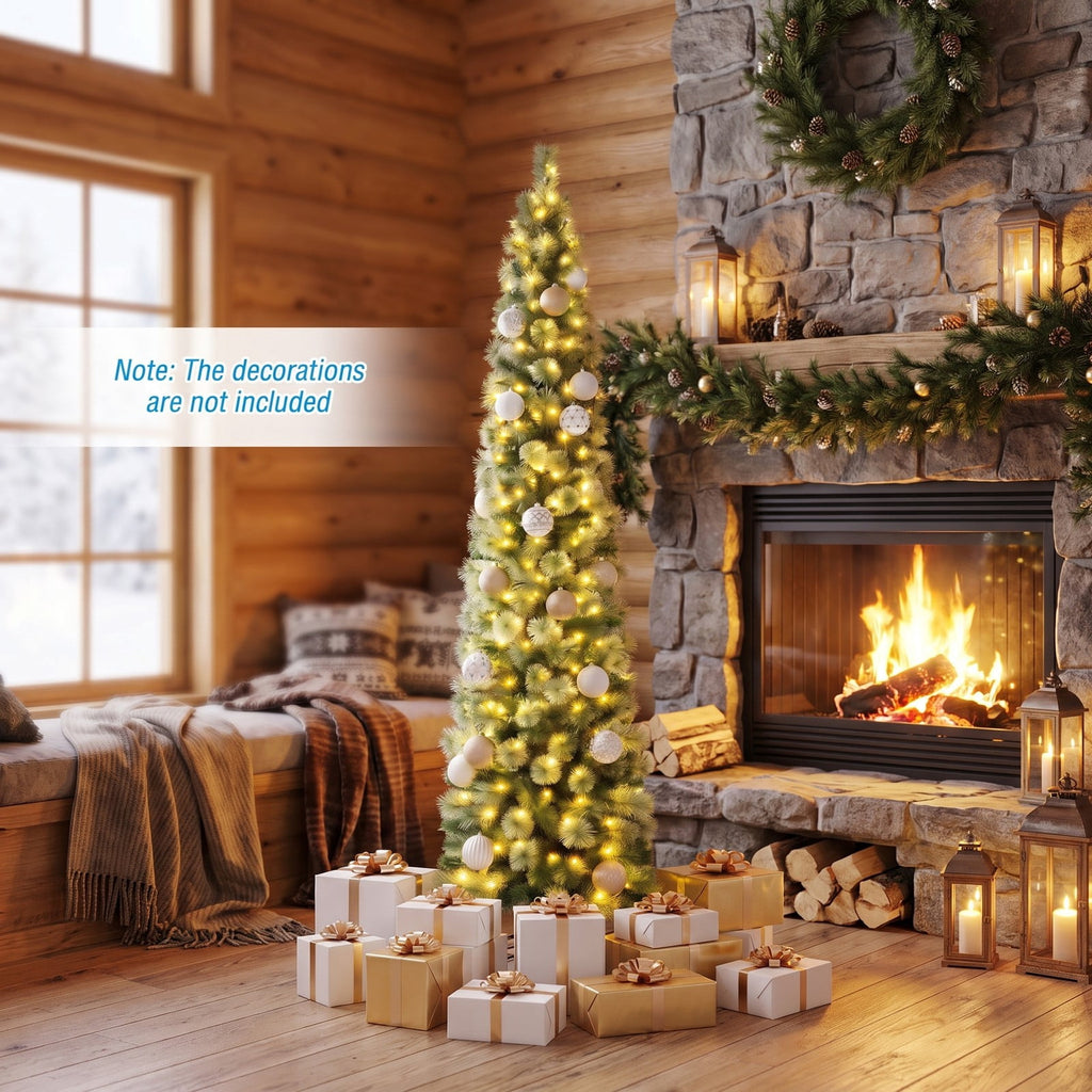 Airfind 6/7/8 FT Pre-Lit Pencil Artificial Christmas Tree with 120/150/200 LED Warm White Lights and 8 Modes, White