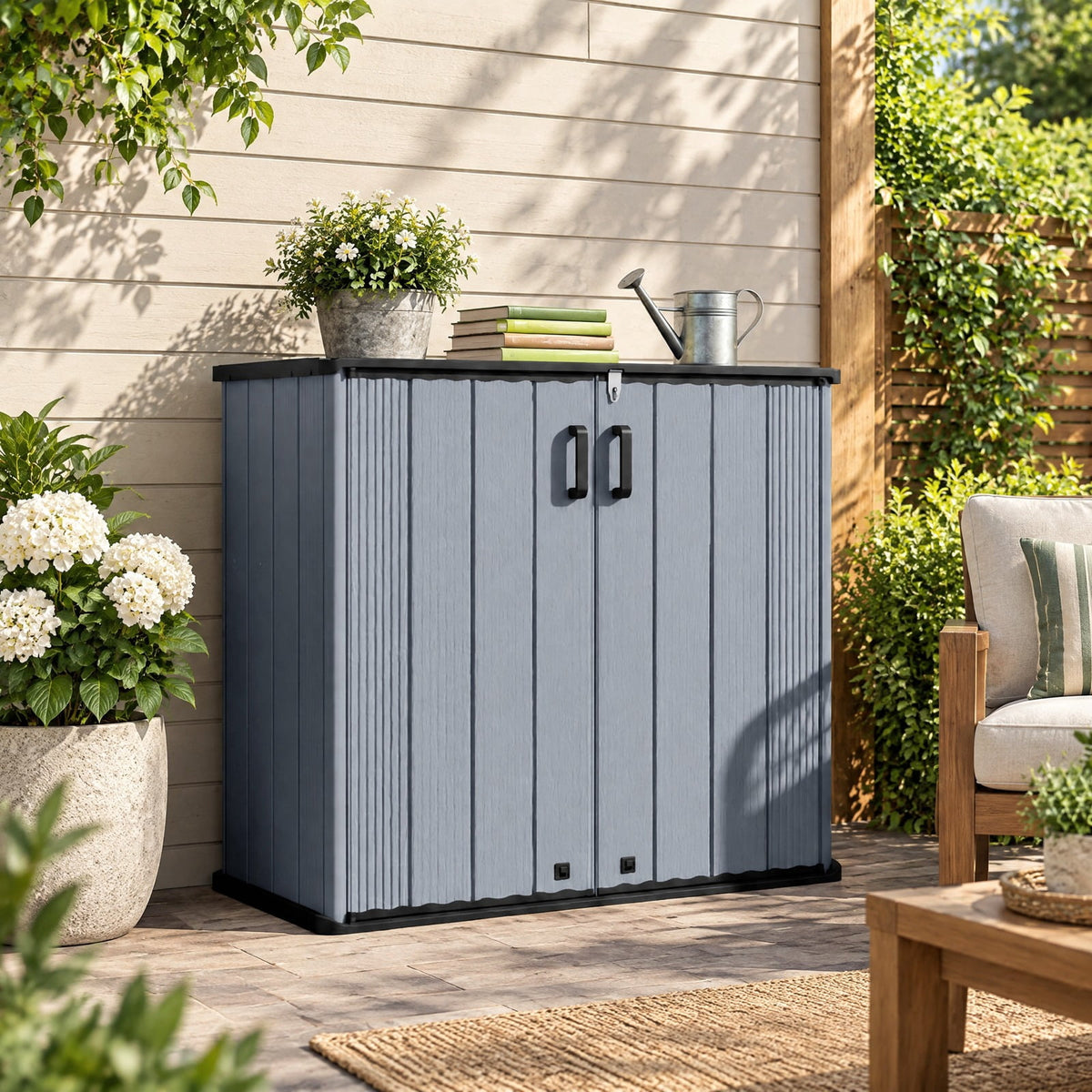 Airfind Outdoor 23.5 Cu.ft All-Weather Storage Box with Floor Lockable Door, 330 lbs Capacity, PP HDPE Metal Frame, 47 Inch x 25.5 Inch x 46 Inch Footprint