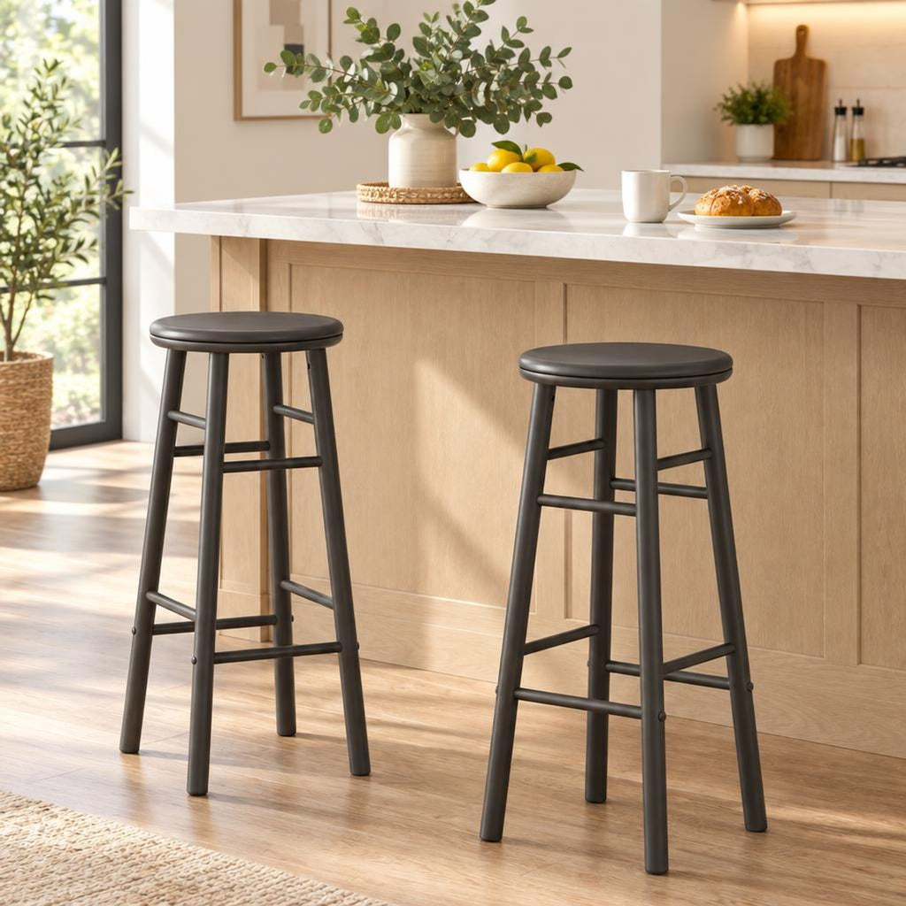 Airfind 29in Swivel Bar Stools Set of 2 with Footrests and Crossbars, 330 lbs Capacity, Rubber Wood Frame, 13in x 13in x 29in Footprint, Gray