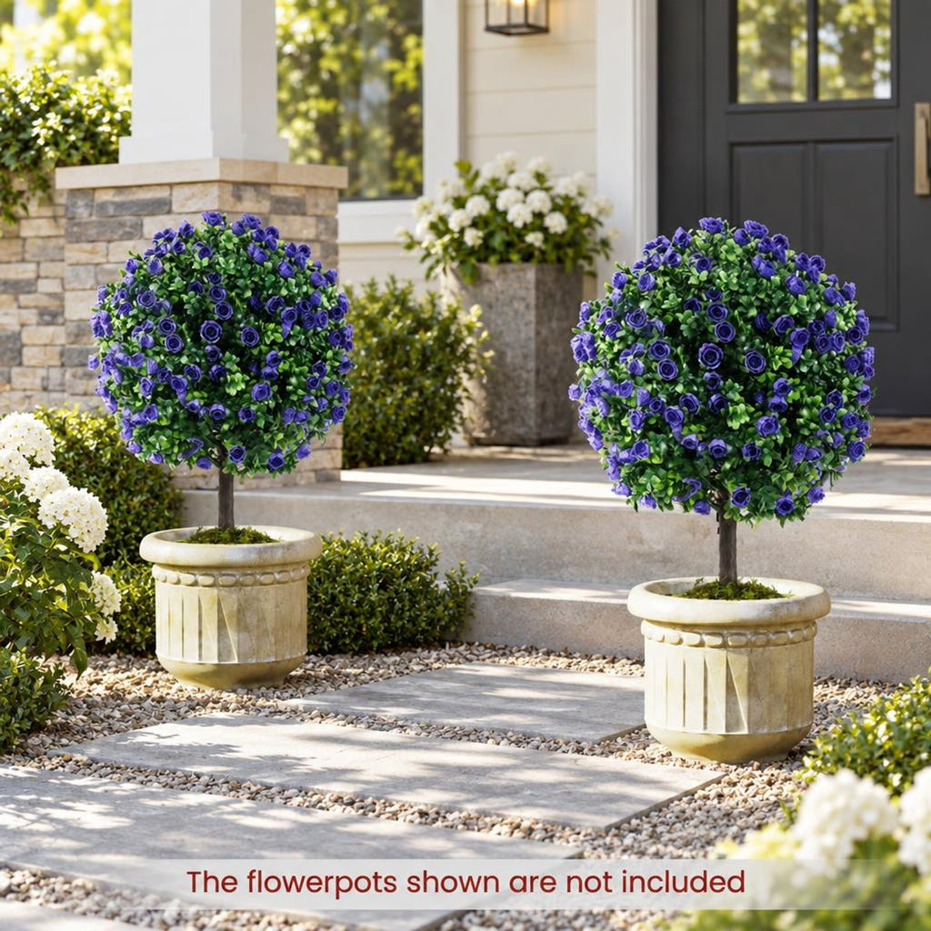 Airfind 22 Inch Set of 2 Artificial Purple Rose Topiary Ball Trees with Cement-Filled Pot, PE PP Cement Overall Height 22 Inch, Purple
