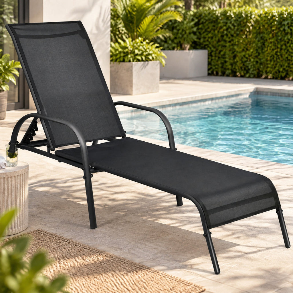 Airfind 2 Pcs Outdoor Patio Lounge Chair Chaise Fabric with Adjustable Reclining Armrest, Fabric Steel Horizontal Frame, Black