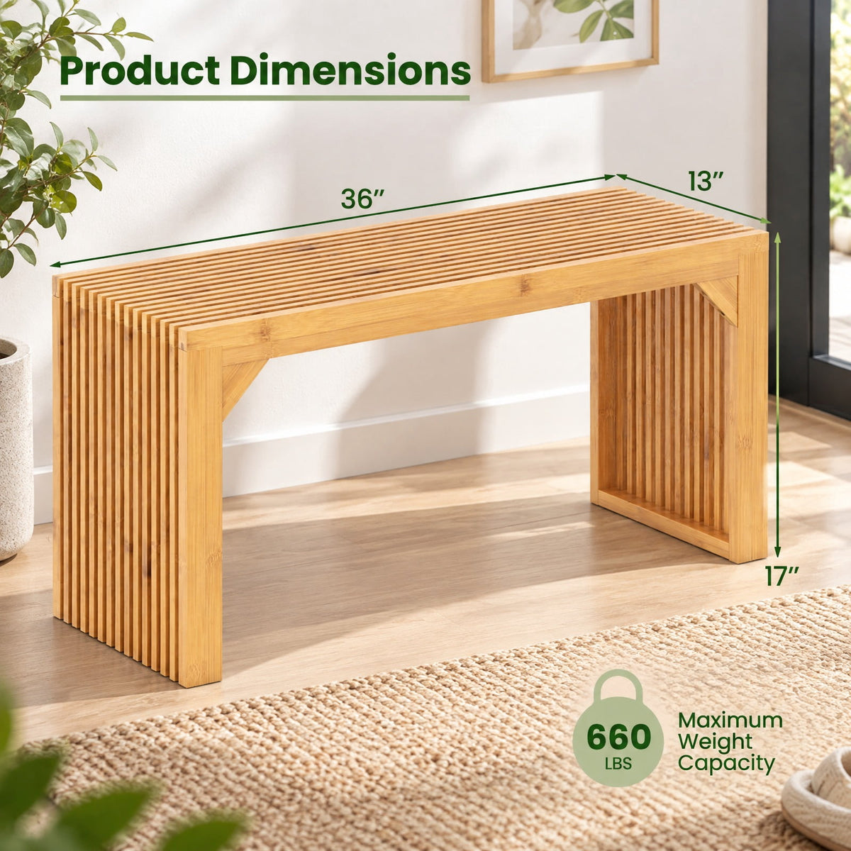 Airfind Bamboo Dining Bench Long Entryway Bench Indoor Outdoor Solid Wood Bench, 660 LBS Capacity, Bamboo Frame, 36 x 13 x 17 Footprint, Natural