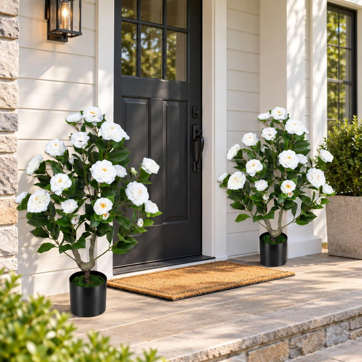 AIRFIND Artificial Camellia Tree, 35.5 in Faux Flower Plant with 24 Blossoms, 174 Leaves and Cement-Filled Pot for Home Decor, White