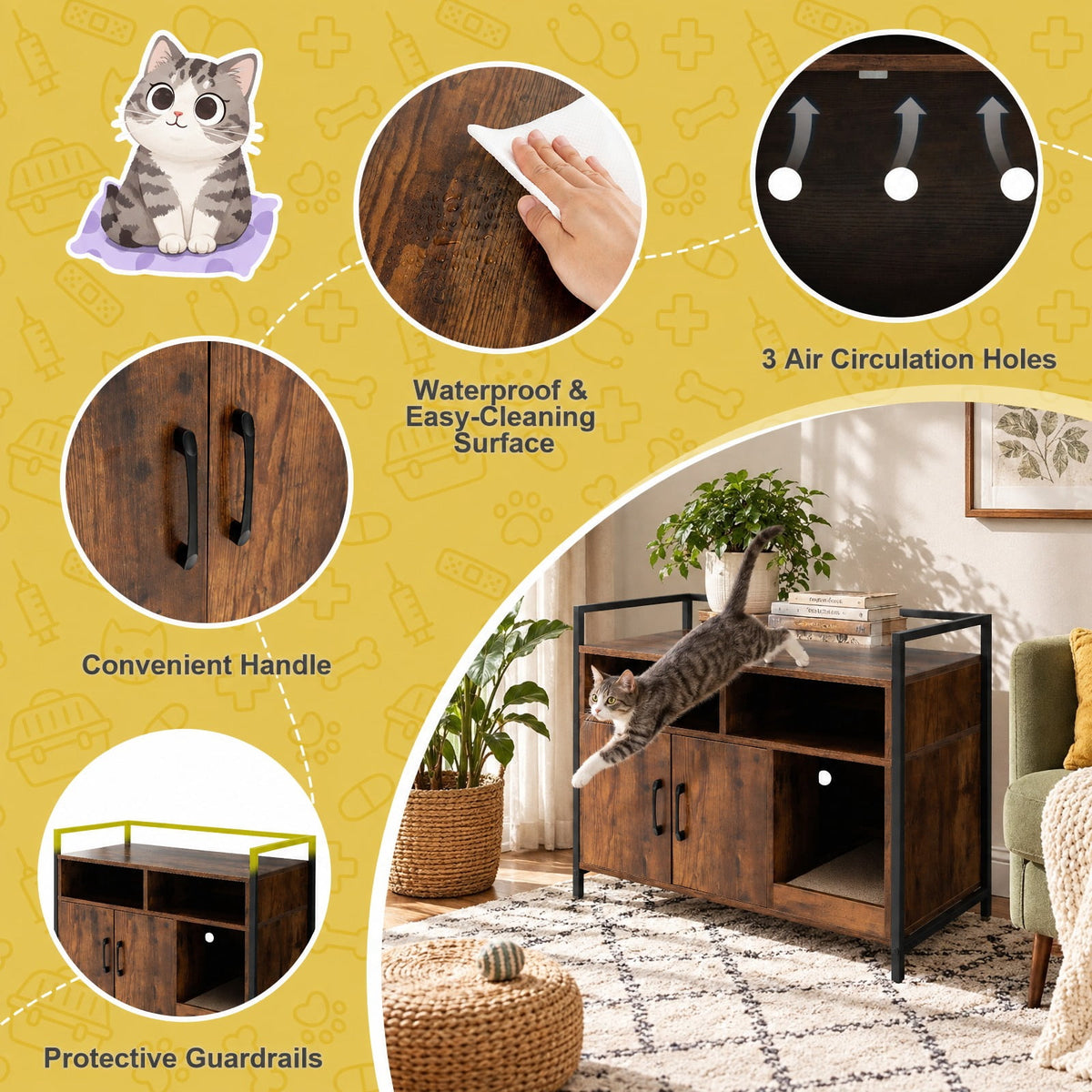 Airfind Hidden Cat Washroom with Double Doors and Scratch Cardboard, MDF Metal Frame, 35 x 17.5 x 29.5 Compartment Footprint, Coffee