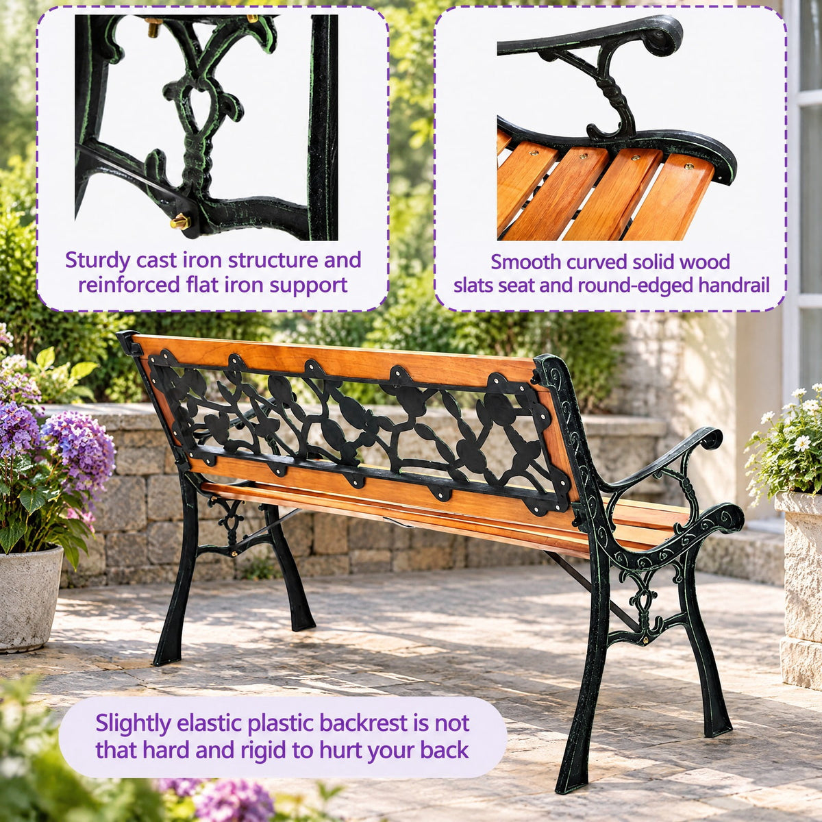 Airfind 49 1/2 Inch Patio Park Garden Porch Chair Bench, 463 lbs Capacity, Cast iron Frame, 49.5 Inch x 20.5 Inch x 29 Inch Product weight: 30 lbs Footprint