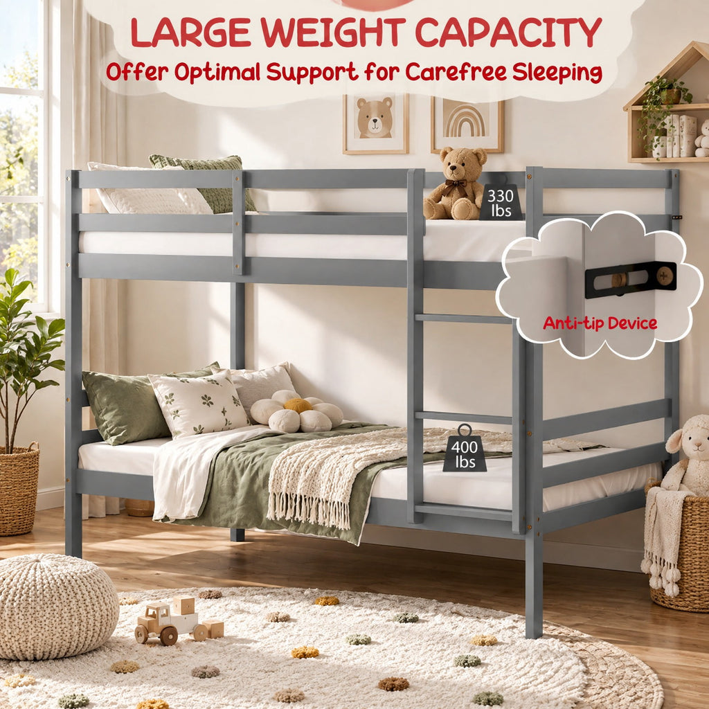 AIRFIND Twin Over Twin Bunk Bed with Pine Wood Frame, Plywood Slats, Inclined Ladder, Guardrails and Wall Brackets, Mattress Not Included, Gray