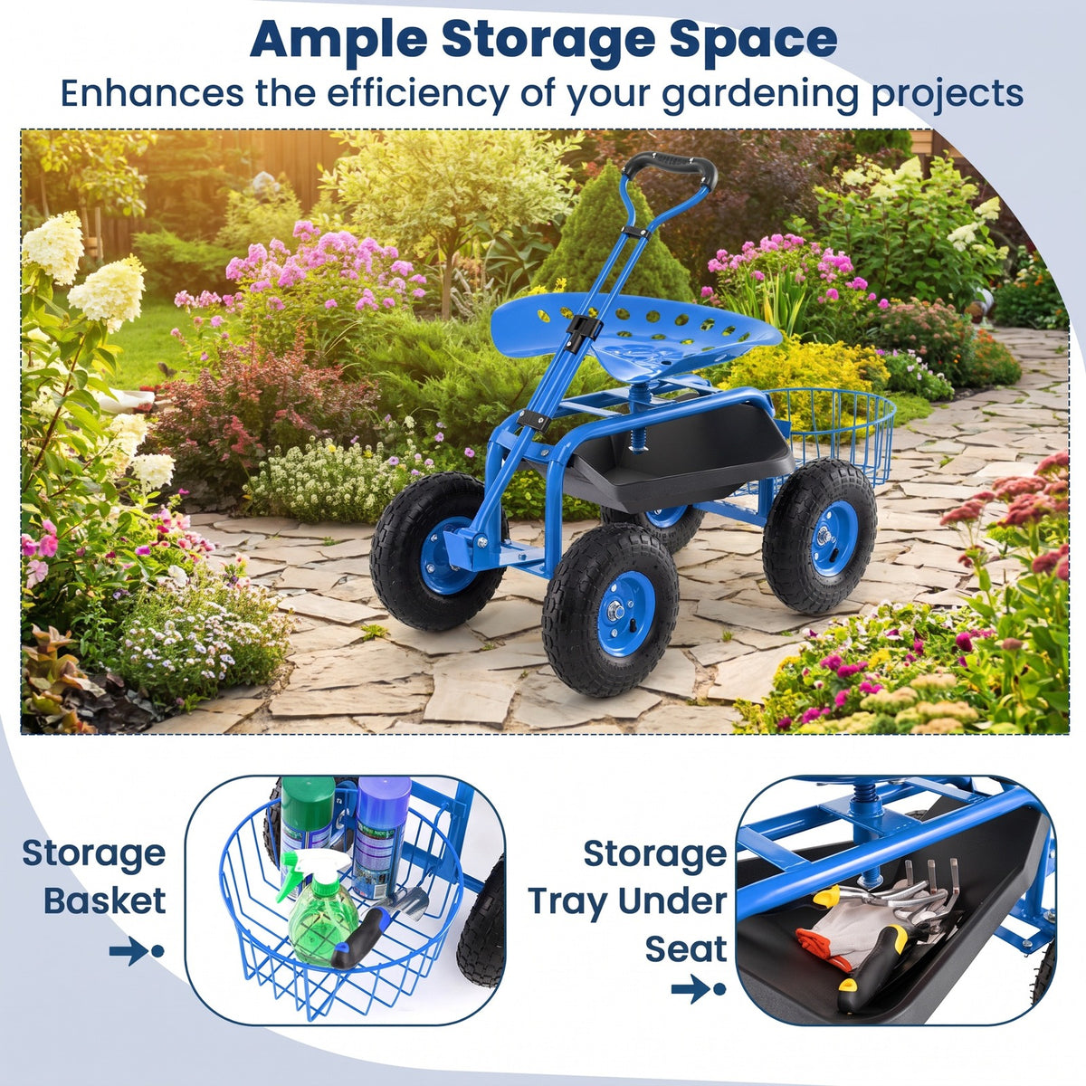 Airfind Heavy Duty Garden Cart with Tool Tray and 360 Swivel Seat, 330 lbs Capacity, Steel Rubber Plastic Frame, 38 x 17 x Footprint, Blue