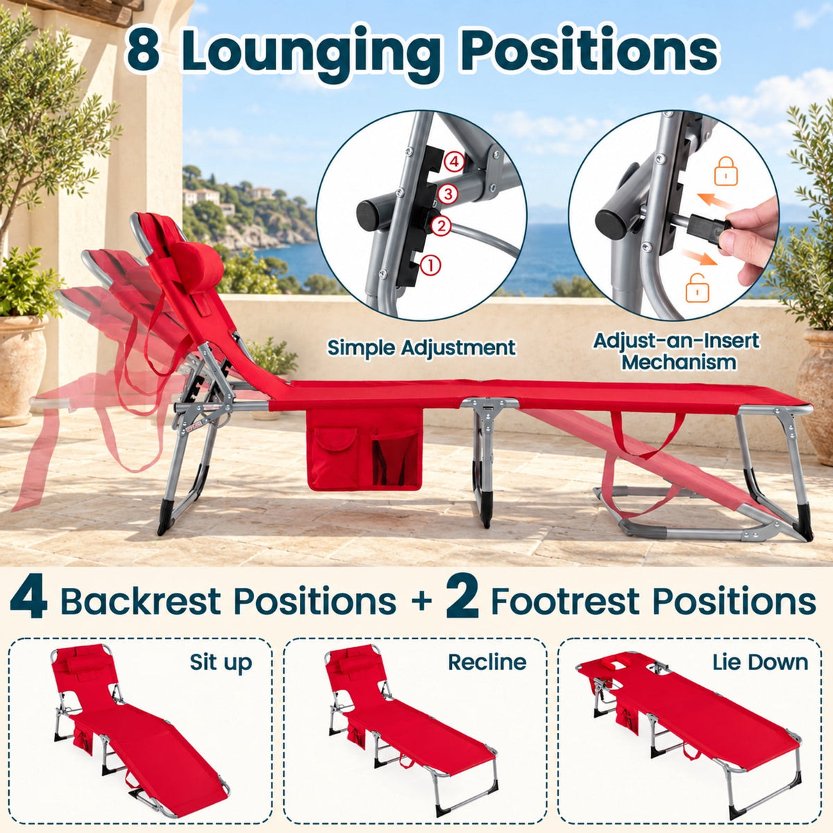 Airfind Set of 2 Tanning Chair Portable Chaise Lounge Chair with 4-Position Adjustable Backrest, 330 lbs Capacity, Red