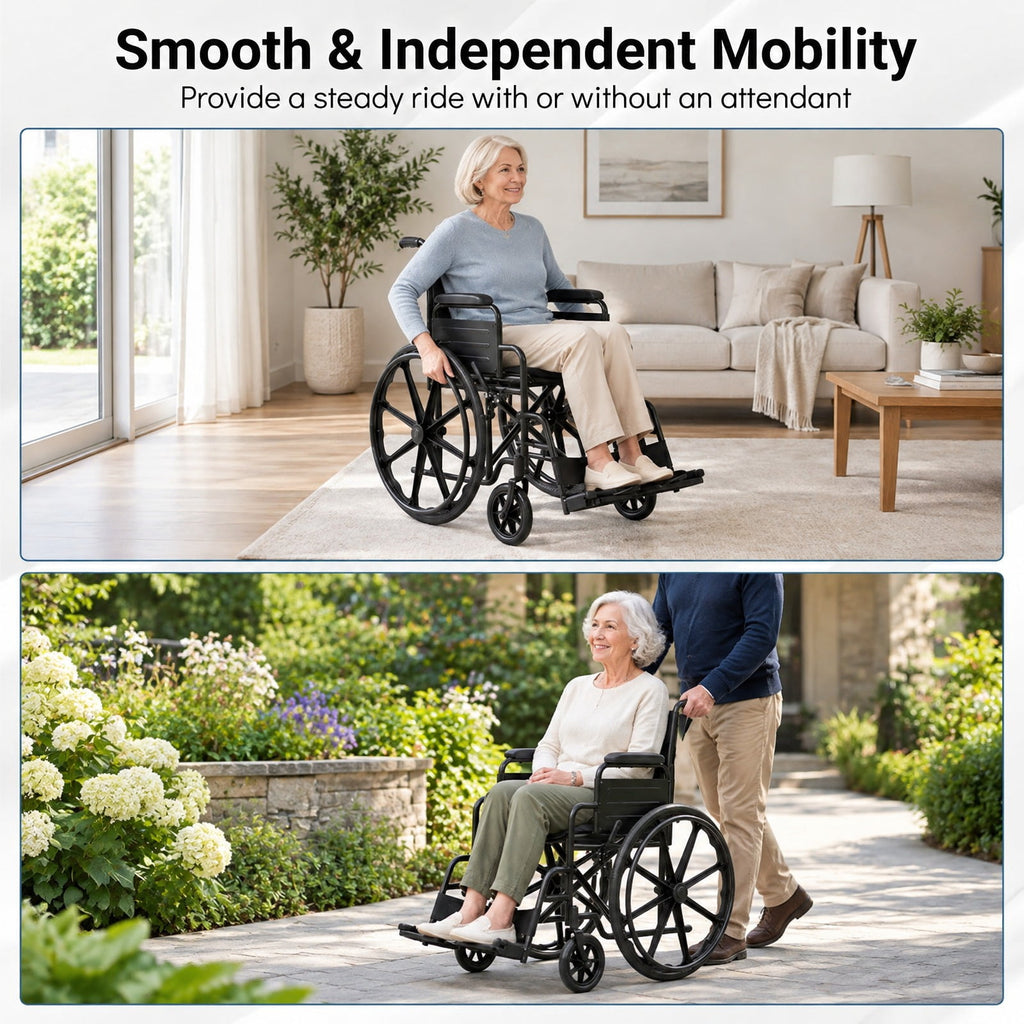 Airfind Lightweight Folding Wheelchair for Adults with Swing-Away Footrest and Desk Arm, 330 lbs Capacity, Metal Faux Leather Nylon Plastic Frame
