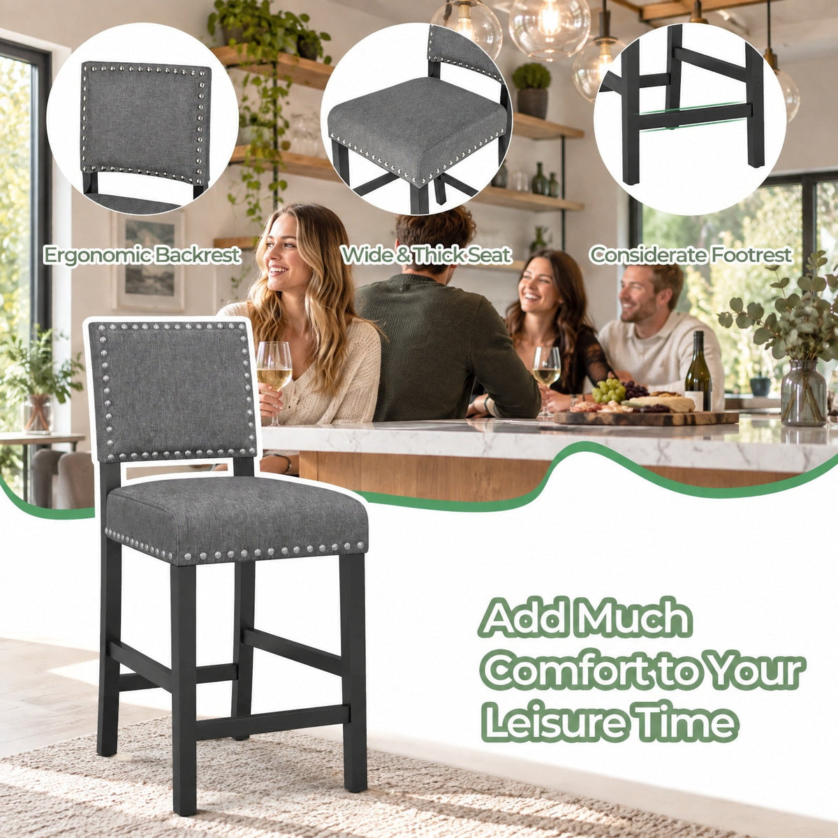 Airfind 38.5/43.5 Inch Set of 2 Counter Height Chairs with Solid Rubber Wood Frame, 330 lbs Capacity, Rubber Wood Linen Fabric Sponge Metal Frame