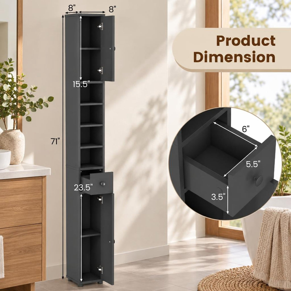 Airfind Freestanding Slim Bathroom Cabinet with Drawer and Adjustable Shelves, 110 lbs Capacity, MDF Frame, 8in x 8in x 71in Total Footprint, Gray