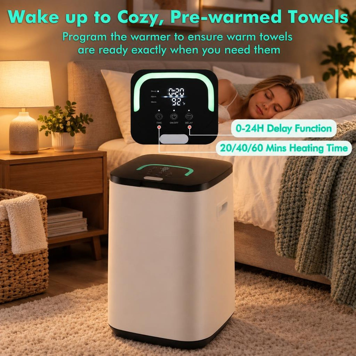 Airfind 23L Large Hot Towel Heater with Rapid Heating and Adjustable Timer, PP ABS Galvanized Metal Frame, 12.6in x 12.6in x 18.5in Footprint, White
