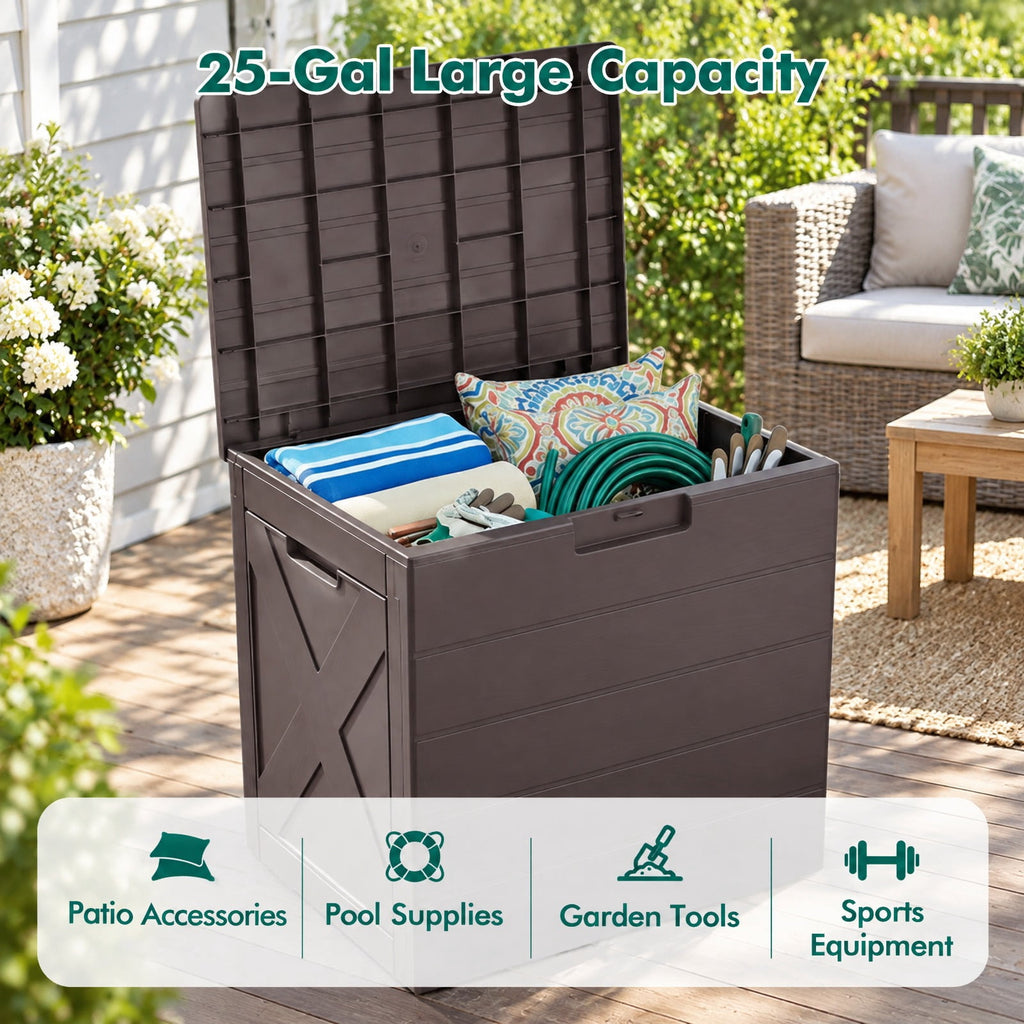 Airfind 25 Gallon Storage Bin with Lid Carry Handles and Lock Hole for Patio Furniture Accessories, 110 lbs Capacity, PP Frame, Brown
