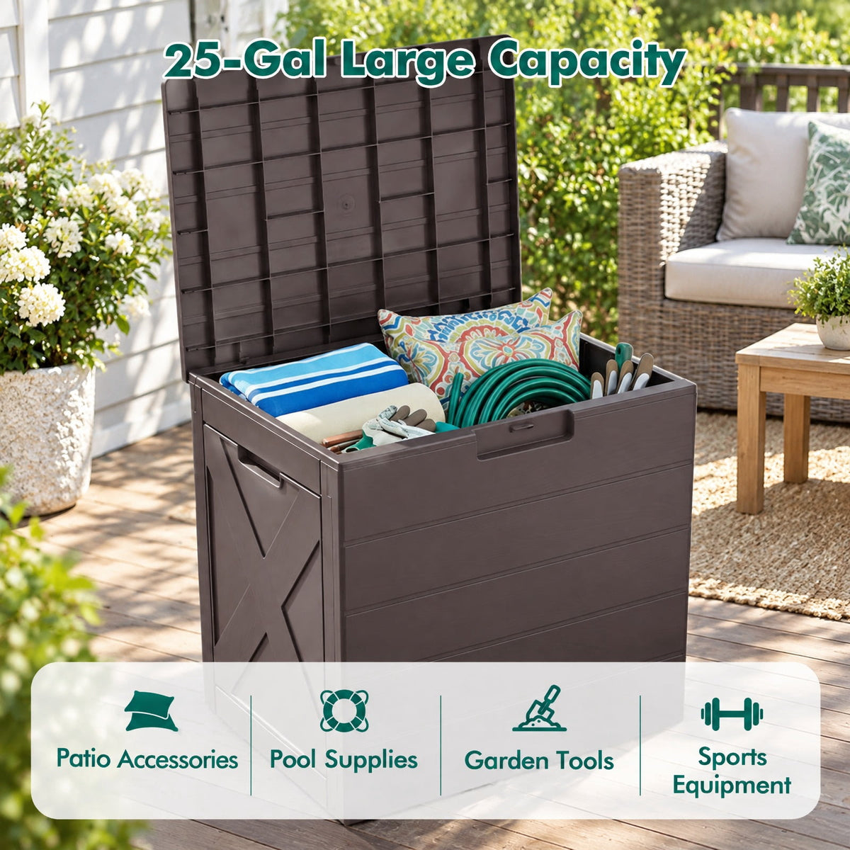 Airfind 25 Gallon Storage Bin with Lid Carry Handles and Lock Hole for Patio Furniture Accessories, 110 lbs Capacity, PP Frame, Brown