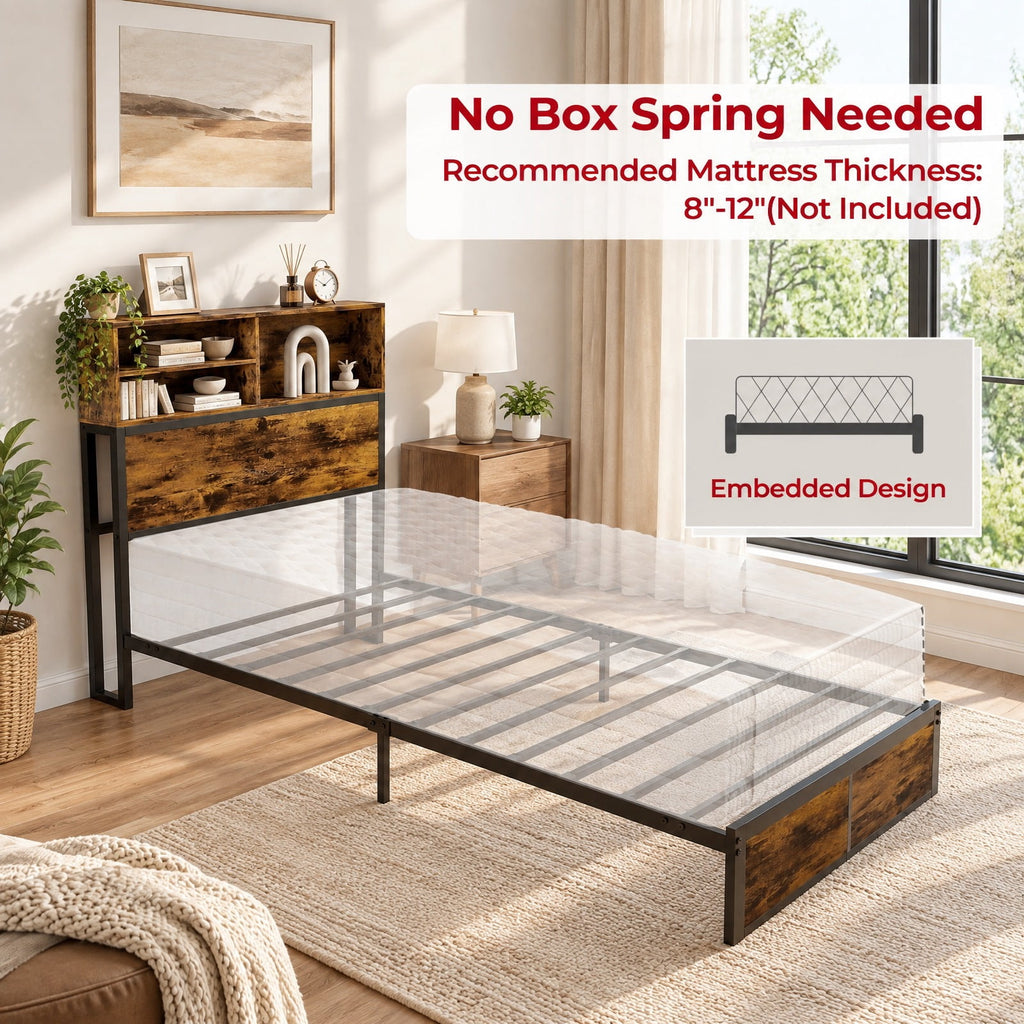 Airfind Twin Size Bed Frame with Storage Headboard Industrial Metal Platform Bed, 485 lbs Capacity, Metal Engineered Wood Frame, Rustic Brown