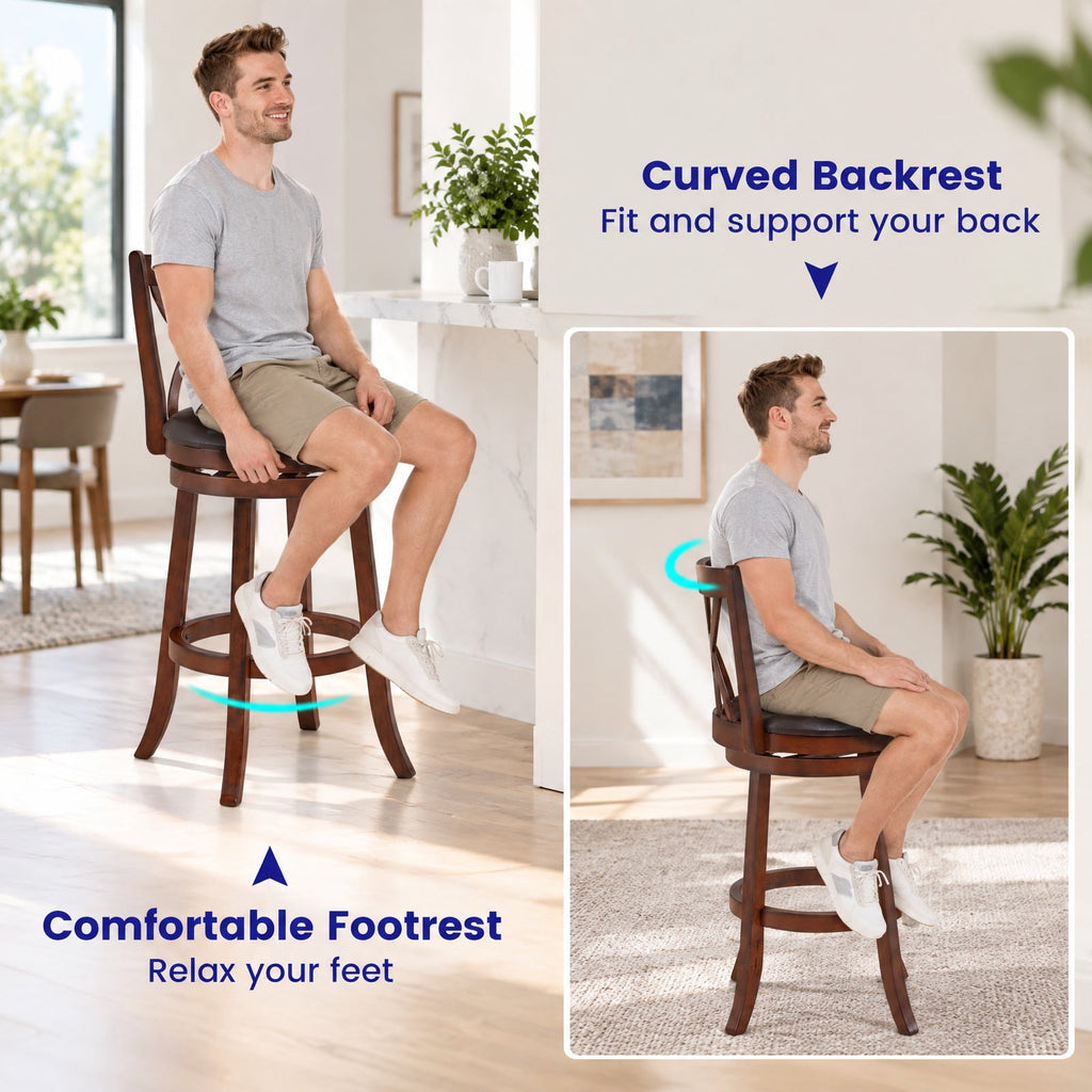 Airfind 360° Swivel Counter Height Chairs with PU Leather Cushioned Seat and Footrests-30 inches, 250 lbs Capacity, Brown