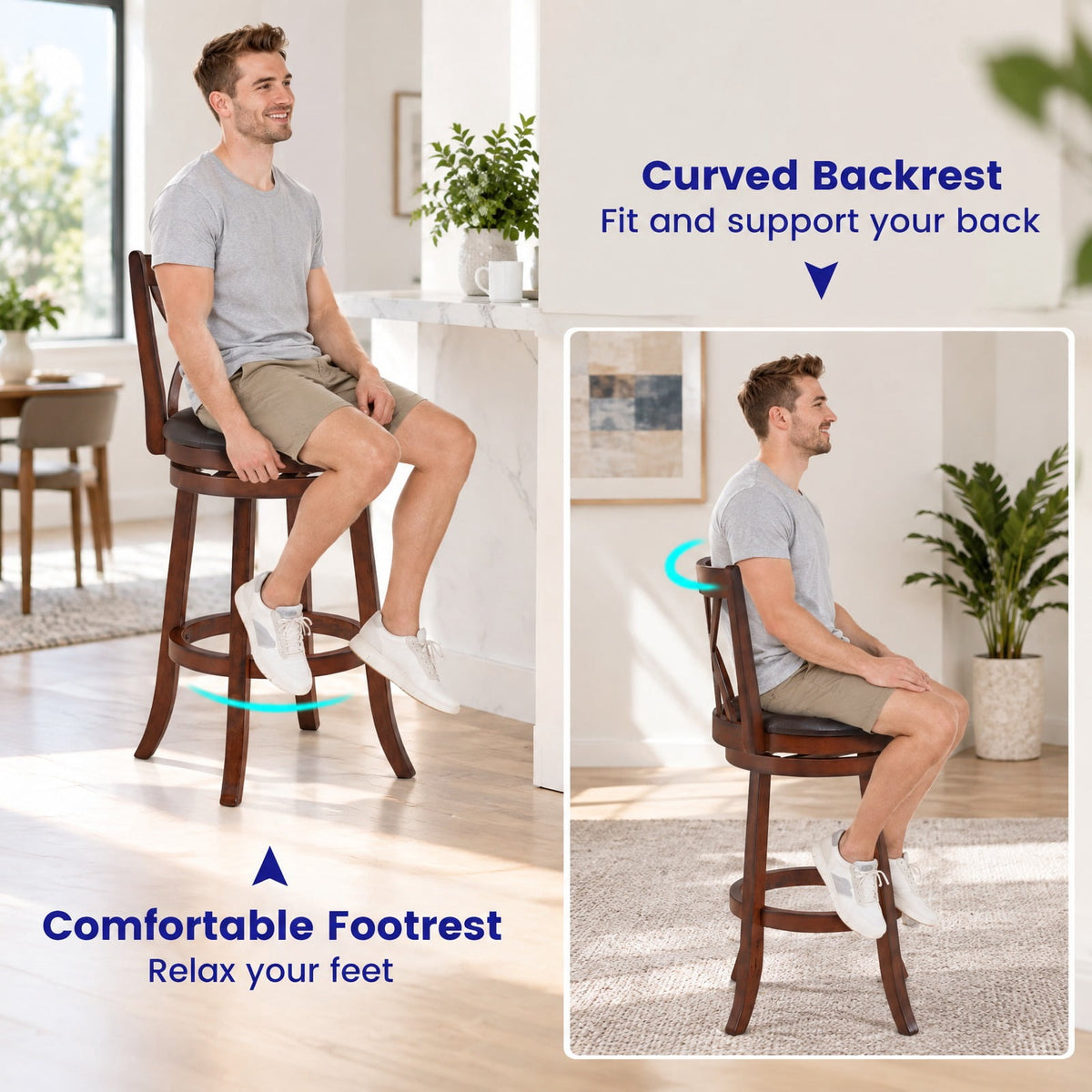 Airfind 360° Swivel Counter Height Chairs with PU Leather Cushioned Seat and Footrests-30 inches, 250 lbs Capacity, Brown