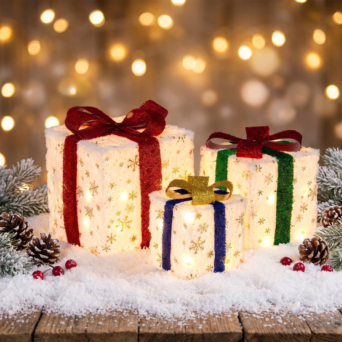 Airfind Set of 3 Christmas Lighted Gift Boxes with 48 Bright Warm Lights, Polyester Fabric PVC Plush Fabric Frame, White+Red+Golden+Green+Blue