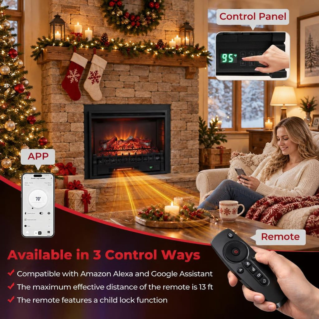 Airfind 26 Inch WiFi Infrared Quartz Electric Fireplace Insert Logs Heater with Realistic Lemonwood Logs, Cold-rolled Steel ABS Resin Frame, Black