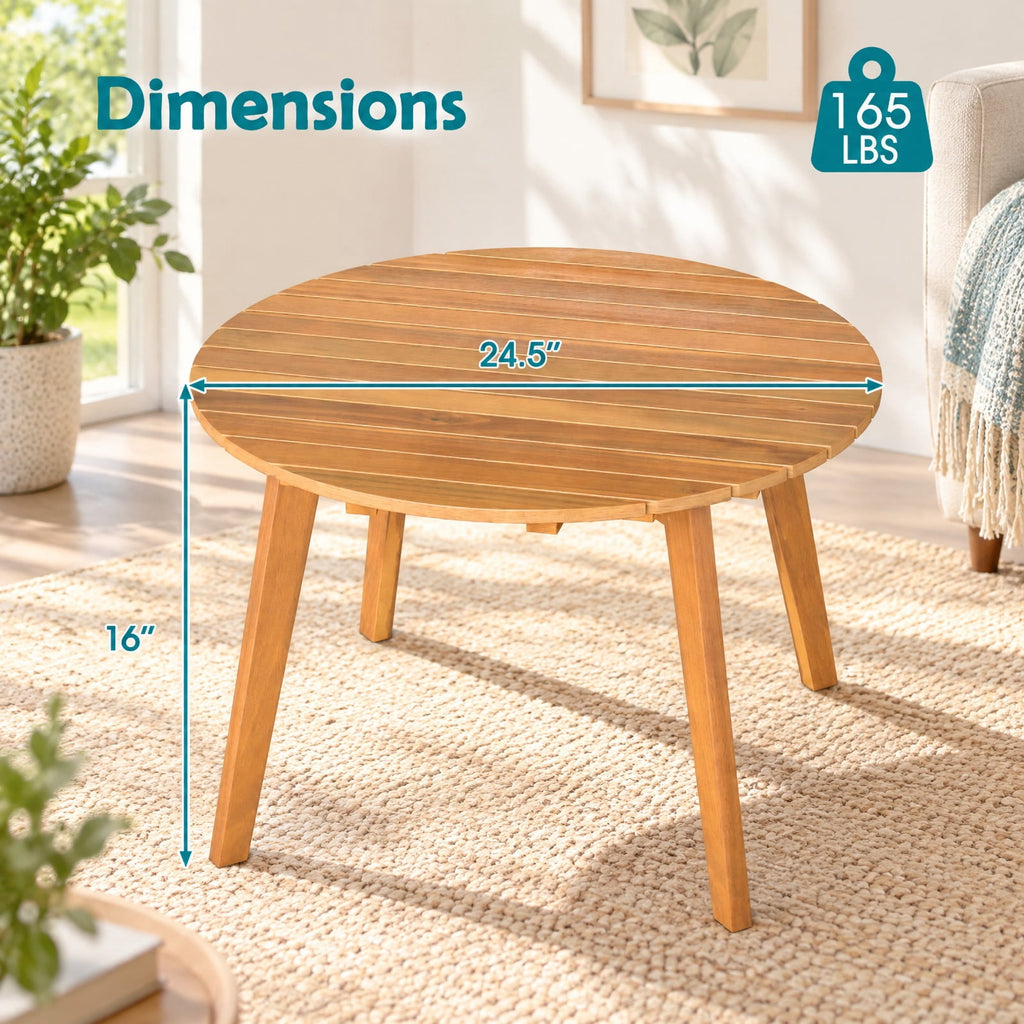 Airfind Round Outdoor Acacia Wood Side Table with Slatted Tabletop, 165 lbs Capacity, Acacia Wood Frame, 24.5 x 24.5 x 16 Footprint, Wood