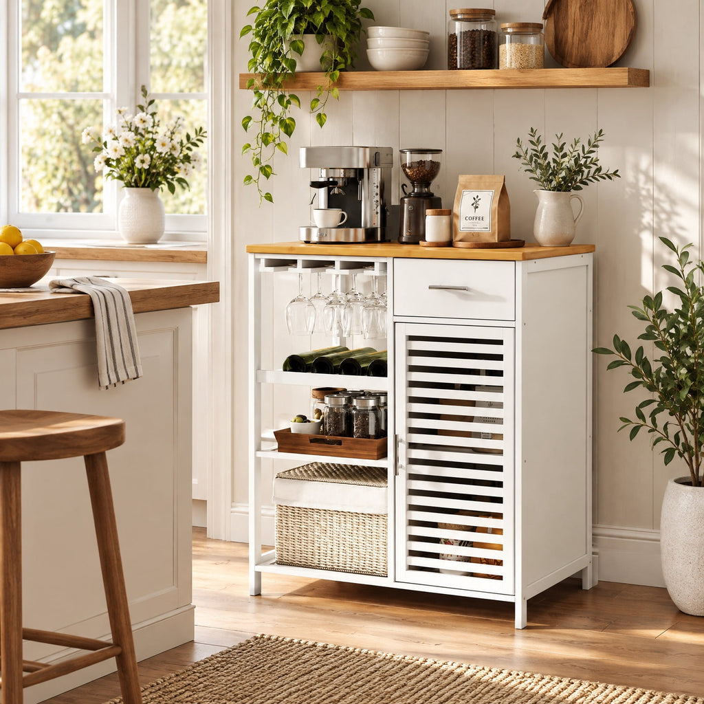 Airfind Coffee Bar Cabinet with Glass Holder Wine Rack and Bamboo Top, White, Smooth painted surface for easy maintenance