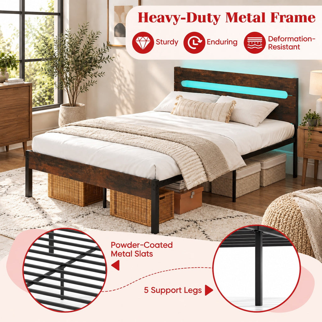 Airfind Heavy-Duty Metal Slats Support Bed Platform with Charging Station, 880 lbs Capacity, Metal Engineered Wood Frame, Brown