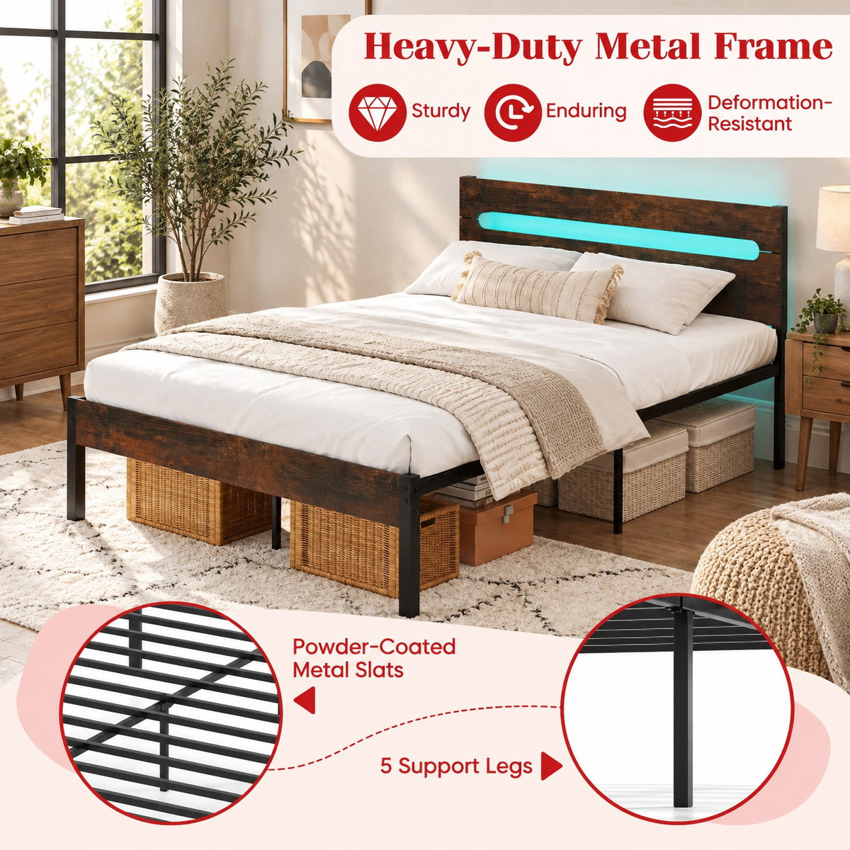 Airfind Heavy-Duty Metal Slats Support Bed Platform with Charging Station, 880 lbs Capacity, Metal Engineered Wood Frame, Brown