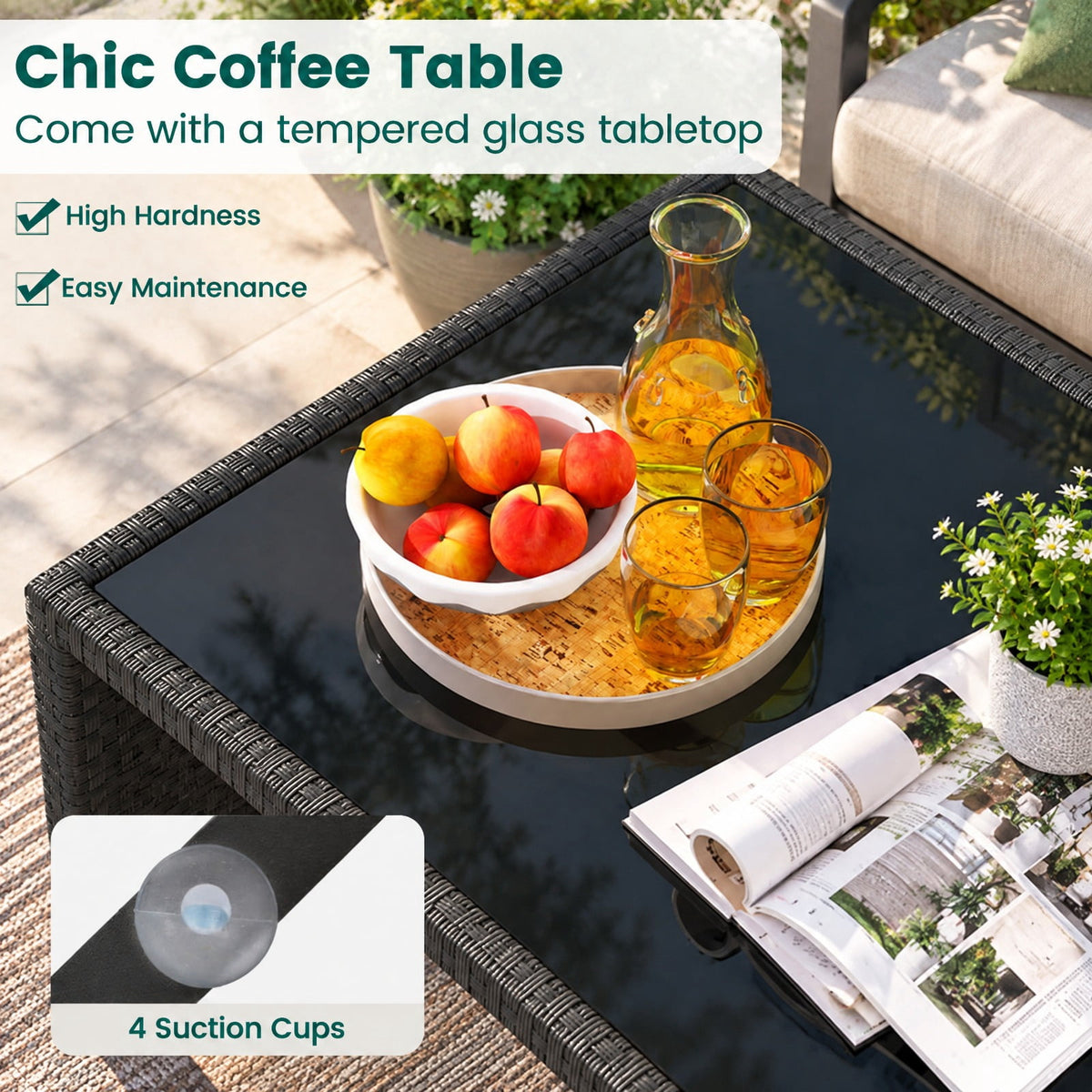 Airfind 4 Pieces Patio Furniture Set with Tempered Glass Tabletop and Removable Cushion, 400 lbs Capacity, Rattan Steel Sponge Frame, Turquoise