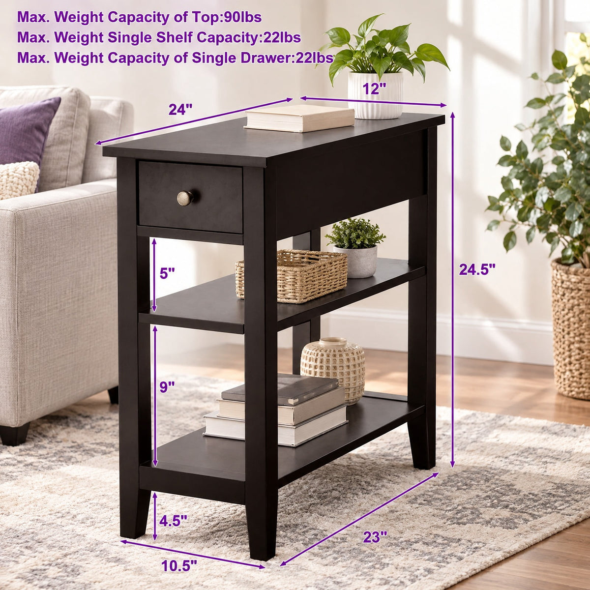 Airfind 3-Tier End Table with Drawer slideway and Double Shelves, 90 lbs Capacity, MDF Frame, 24 Inch x 12 Inch x 24.5 Inch (L x W xH) Drawer Footprint, Brown