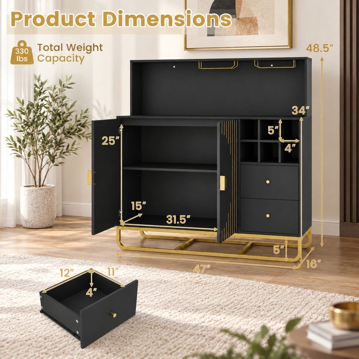 Airfind Home Bar Cabinet with Wine Rack Glass Holder and Adjustable Shelf, 47 Inch x 16 Inch x 48.5 Inch Inner Footprint, Black