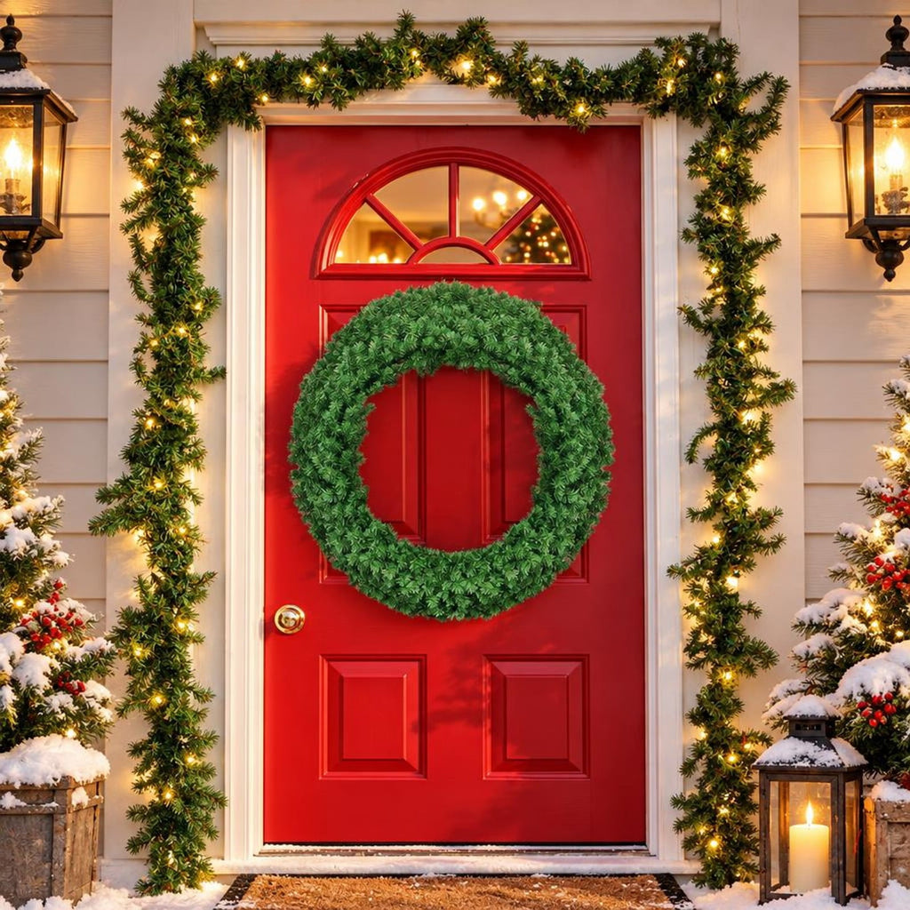 Airfind 48 Inch Pre-Lit Artificial Christmas Wreath with 200 Warm LED Lights and 714 PVC Branch Tips, Battery Operated, Green