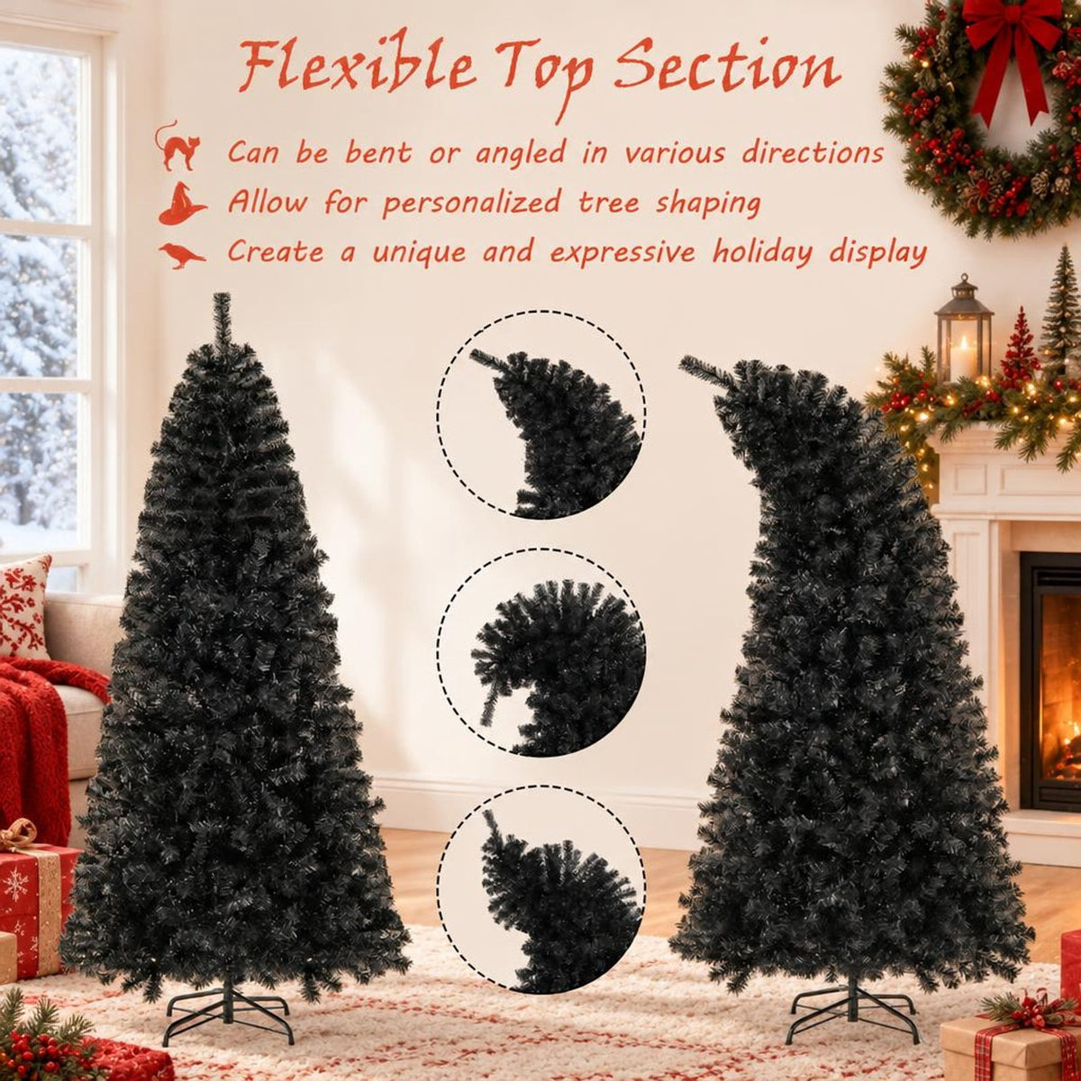 Airfind 6/7 FT Artificial Christmas Tree with Bendable Top Section and Warm Light-7 ft, PVC Metal Frame, 3 x 6/3.3 x 7 ft Footprint, Black
