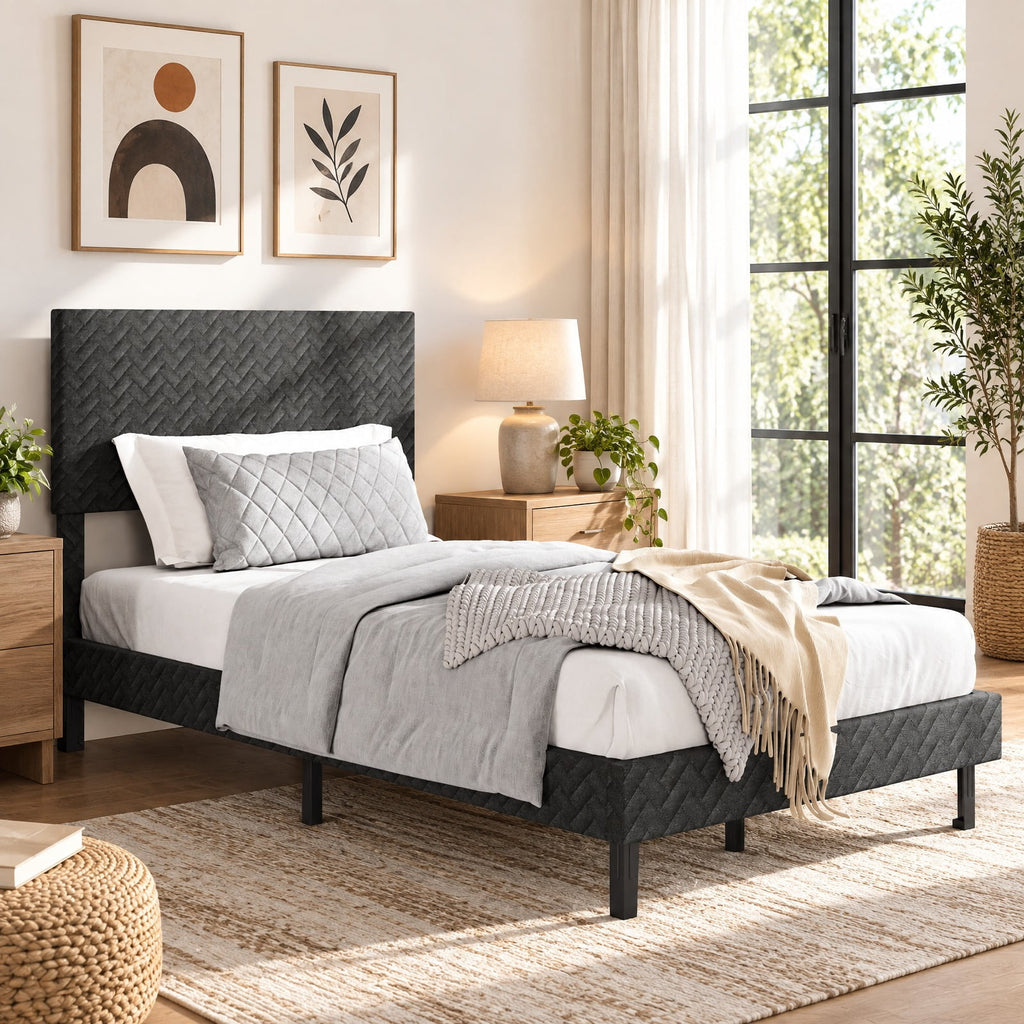 Airfind Twin/Full/Queen Size Velvet Bed Frame Upholstered Platform Bed with Chevron Headboard Gray, 500 lbs Capacity, Velvet Frame, Gray