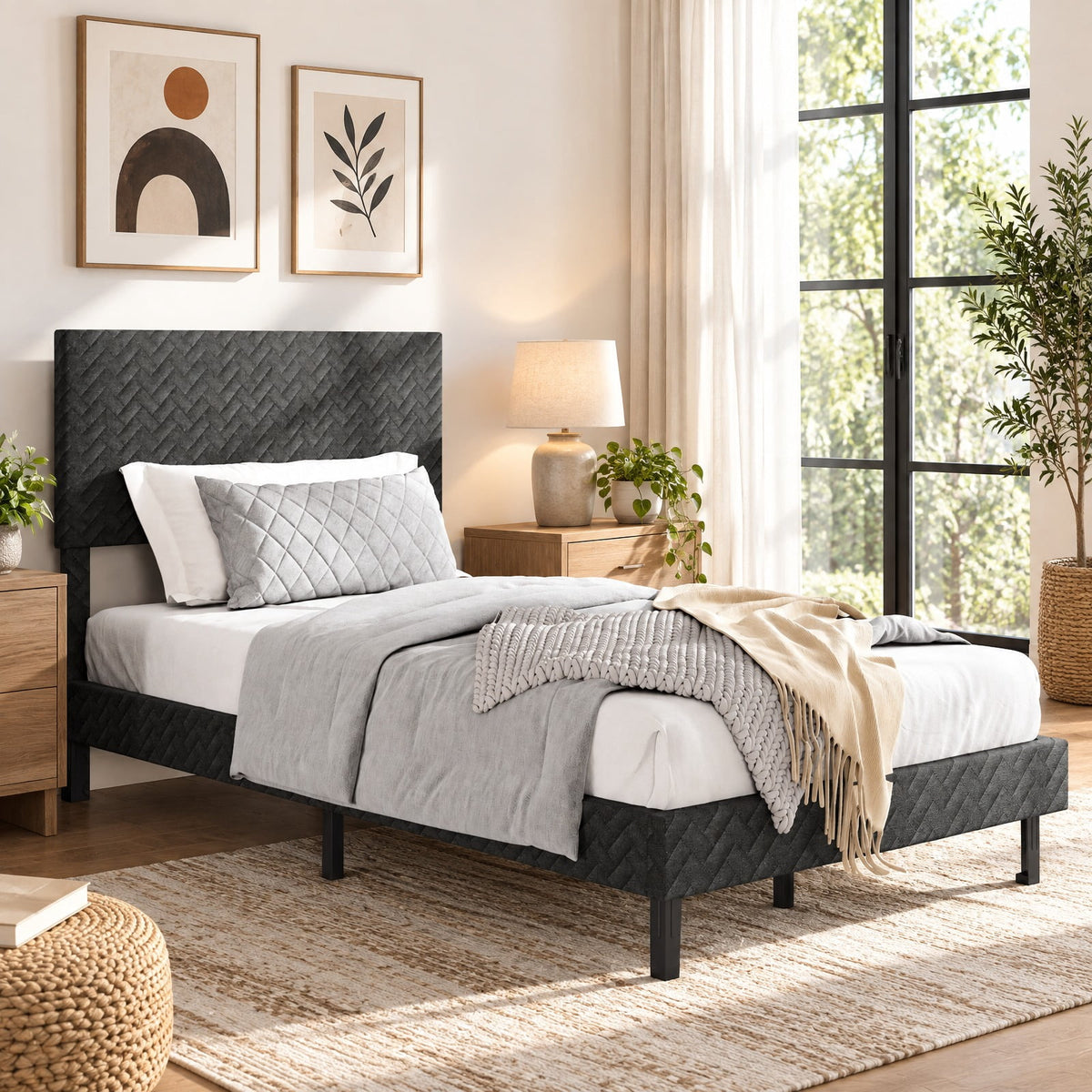 Airfind Twin/Full/Queen Size Velvet Bed Frame Upholstered Platform Bed with Chevron Headboard Gray, 500 lbs Capacity, Velvet Frame, Gray