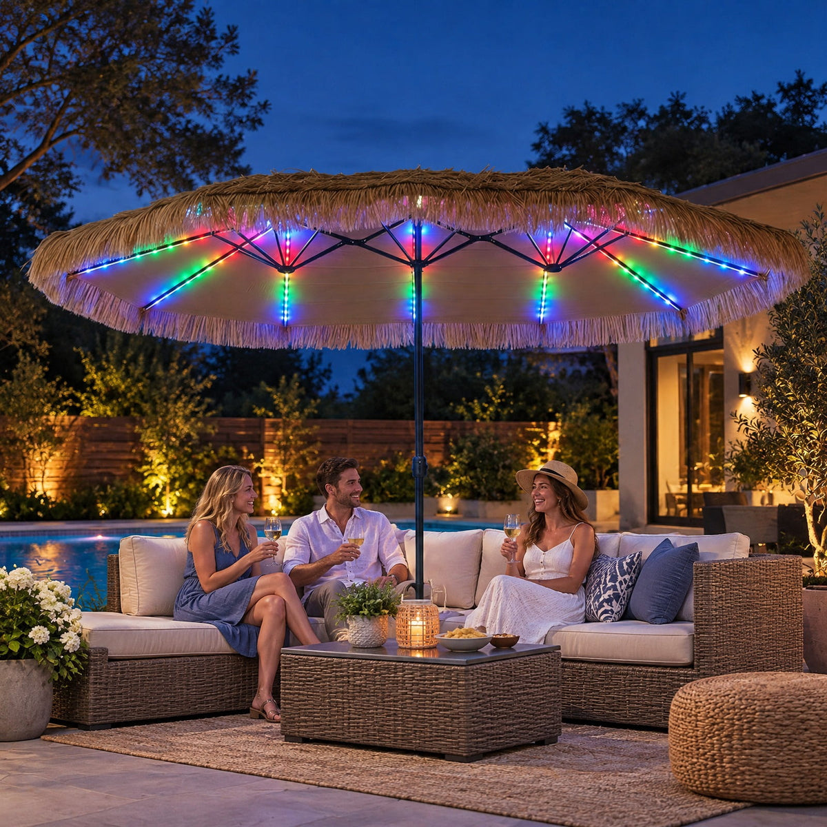 Airfind 15 x 9 FT Solar Double-sided Patio Umbrella with 144 Multi-colored Flowing Lights 12 Modes and 12 Ribs, Brown