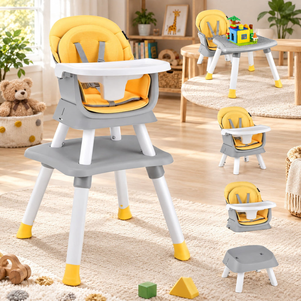 Airfind 6-in-1 Convertible Youth High Chair featuring Adjustable Removable Tray, 55 lbs Capacity, PP PU Fabric Frame, for 6-36 Months, Yellow