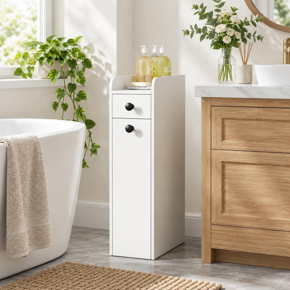 Airfind Small Bathroom Storage Cabinet 4-Tier with Slide Out Drawers on Casters, 66 lbs Capacity, MDF Frame, 16 Inch x 7 Inch x 27.5 Inch Drawer Footprint