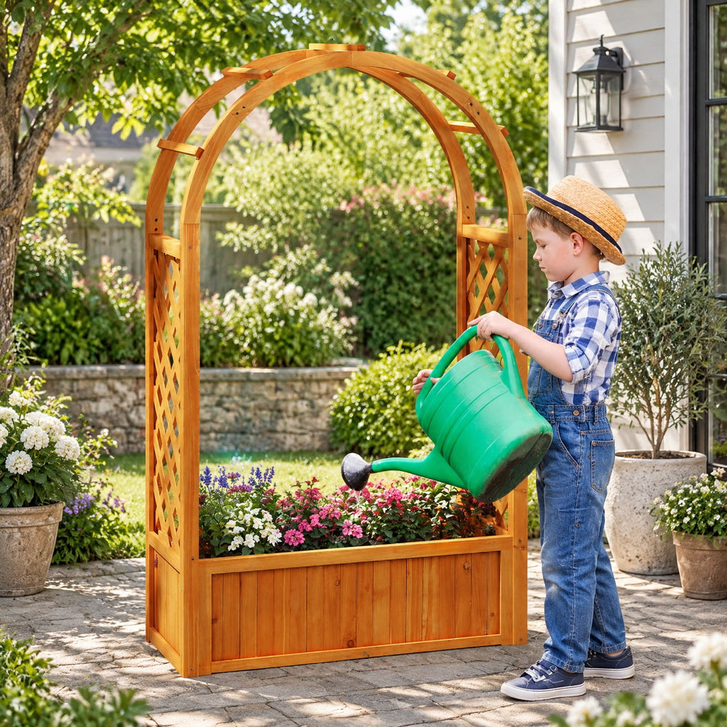 Airfind Raised Garden Bed with Lattice Trellis Ached Roof Wooden Elevated Planter Box, 88 lbs Capacity, Fir Wood Frame, Brown