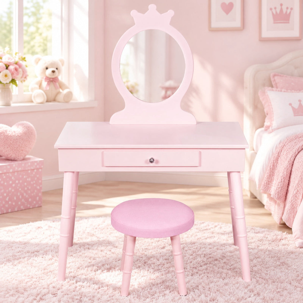 Airfind Kids Vanity Makeup Table and Chair Set Make Up Stool, 33 lbs Capacity, MDF pine wood Frame, 27.5 Inch x 13.5 Inch x 40 Inch Footprint, Pink