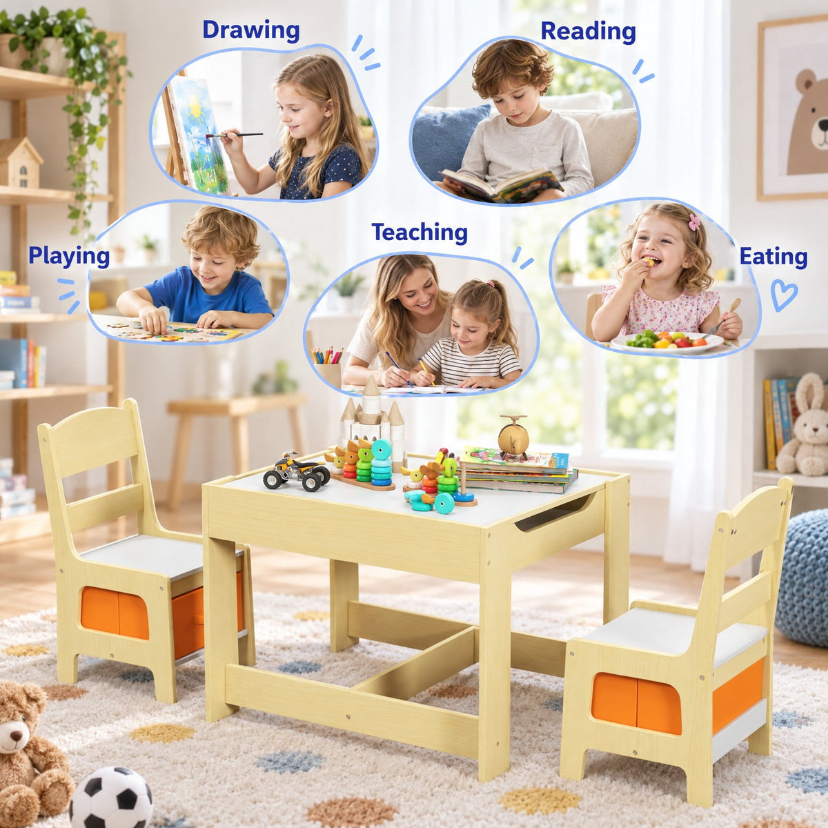 Airfind Kids Table Chairs Set With Storage Boxes Blackboard Whiteboard Drawing, P2 MDF Applicable age 3-7 Years Frame, 24.5 Inch x 24.5 Inch x 19 Inch Footprint