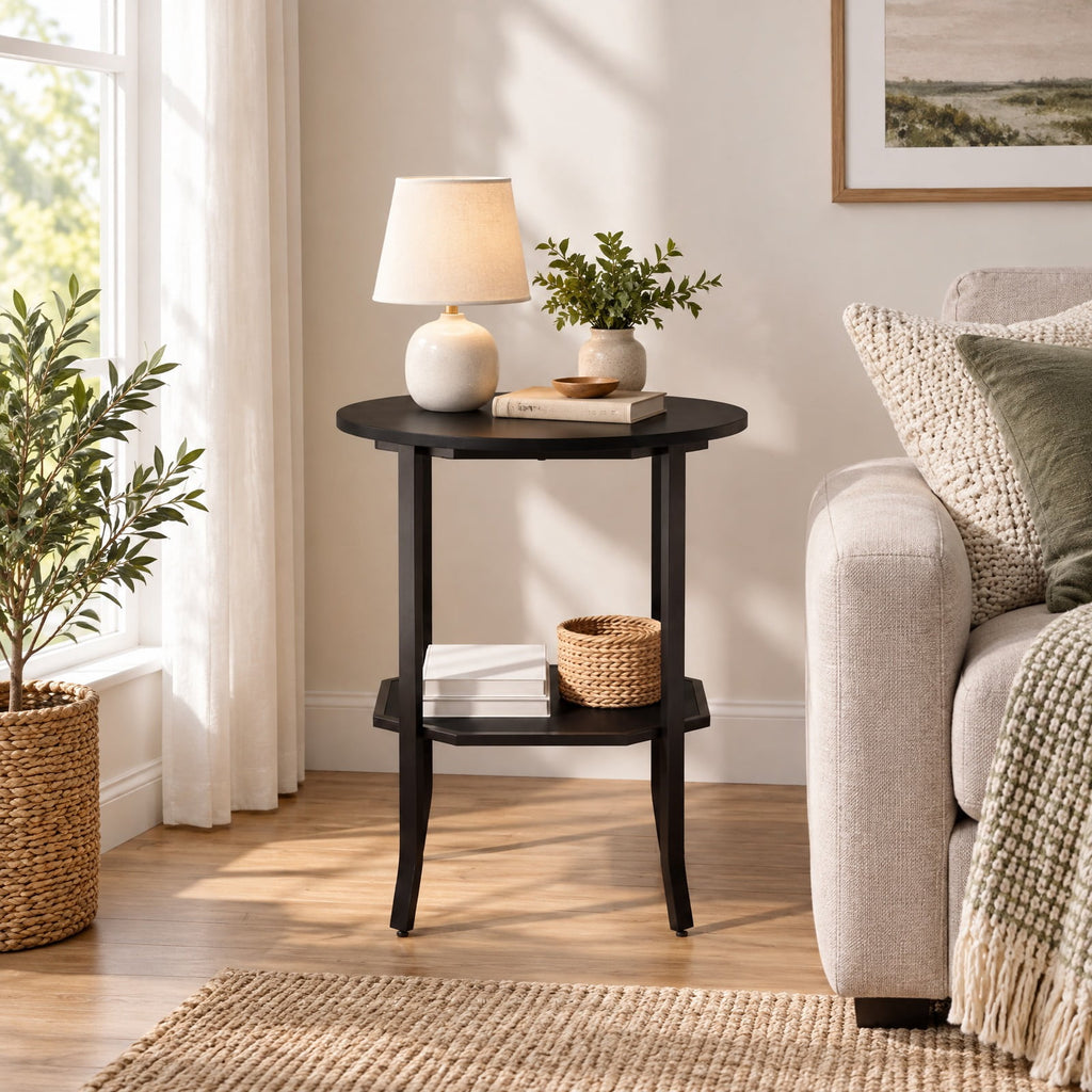 Airfind Round Side Table Small End Table with Storage Shelf 2-Tier Nightstand for Small Space, 90 lbs Capacity, Engineered Wood Carbon Steel Frame