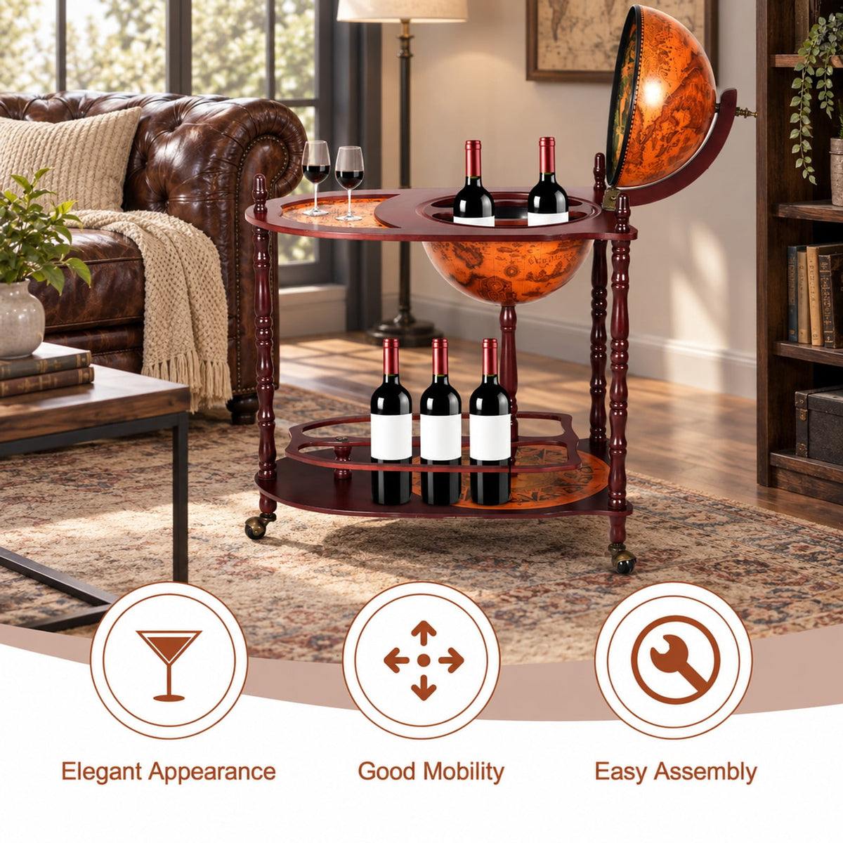 Airfind Vintage Globe Rolling Wine Bar Cart with Extra Shelf, Wood， plastic globe Assembly Frame, Brand new and high quality