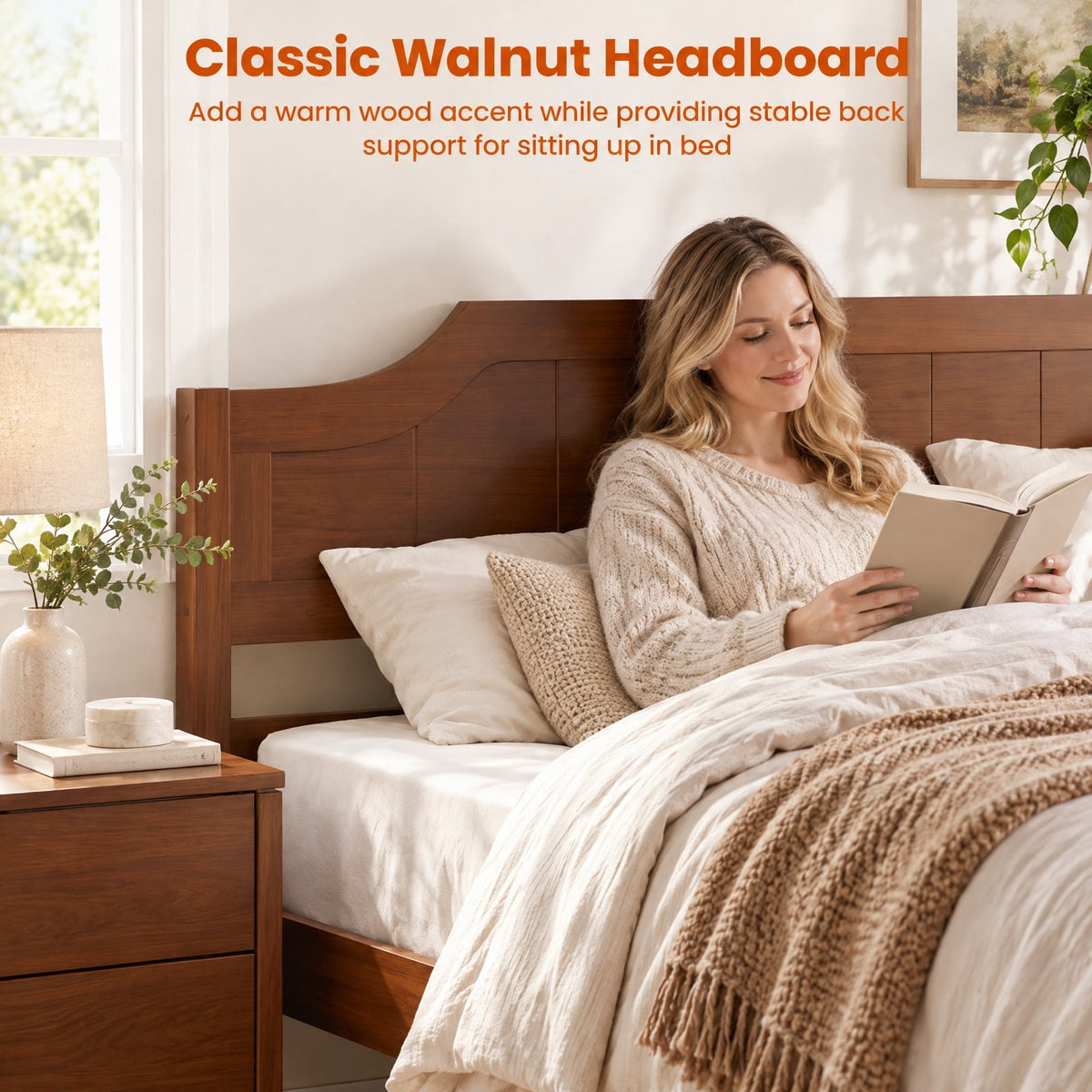 Airfind Full Size Solid Wood Platform Bed Frame with Headboard in Walnut, 440 lbs Capacity, 79.5 x 58 x 39 Bed Platform Footprint, Walnut