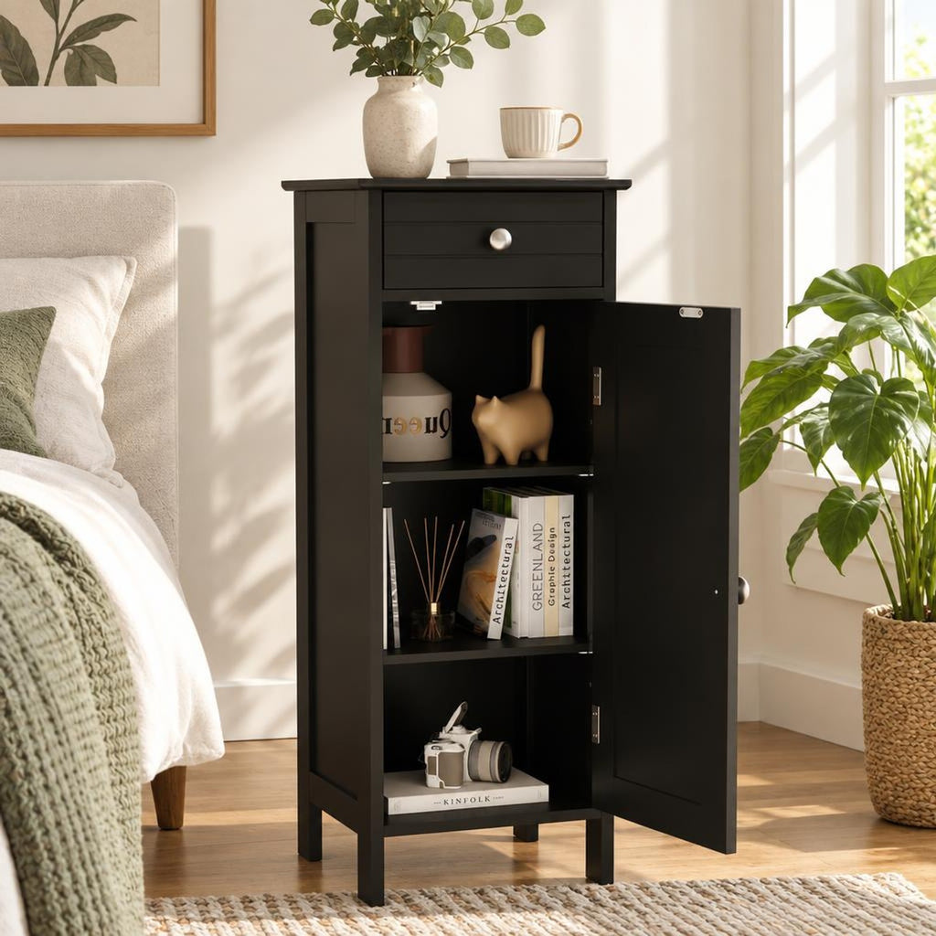 Airfind Wooden Storage Free-Standing Floor Cabinet with Drawer and Shelf, 132 lbs Capacity, MDF Frame, 14in x 12in x 34.5in Footprint, Black