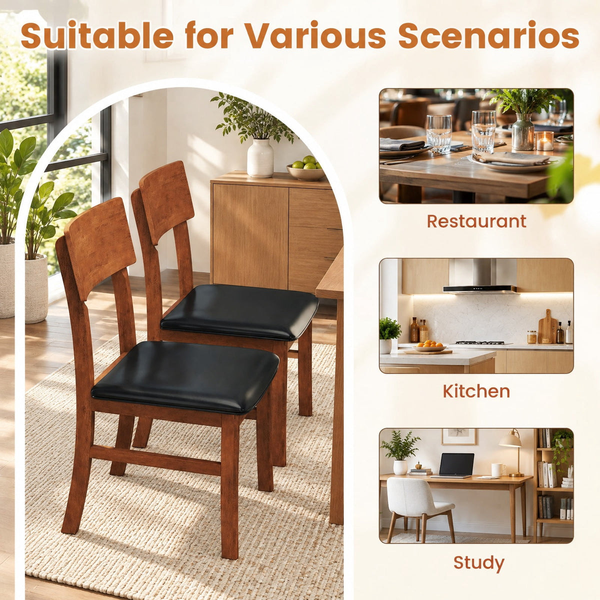 Airfind Dining Chairs Set of 2 with Rubber Wood Legs and Faux Leather Upholstered Seat, 330 lbs Capacity, Rubber Wood Frame, Black