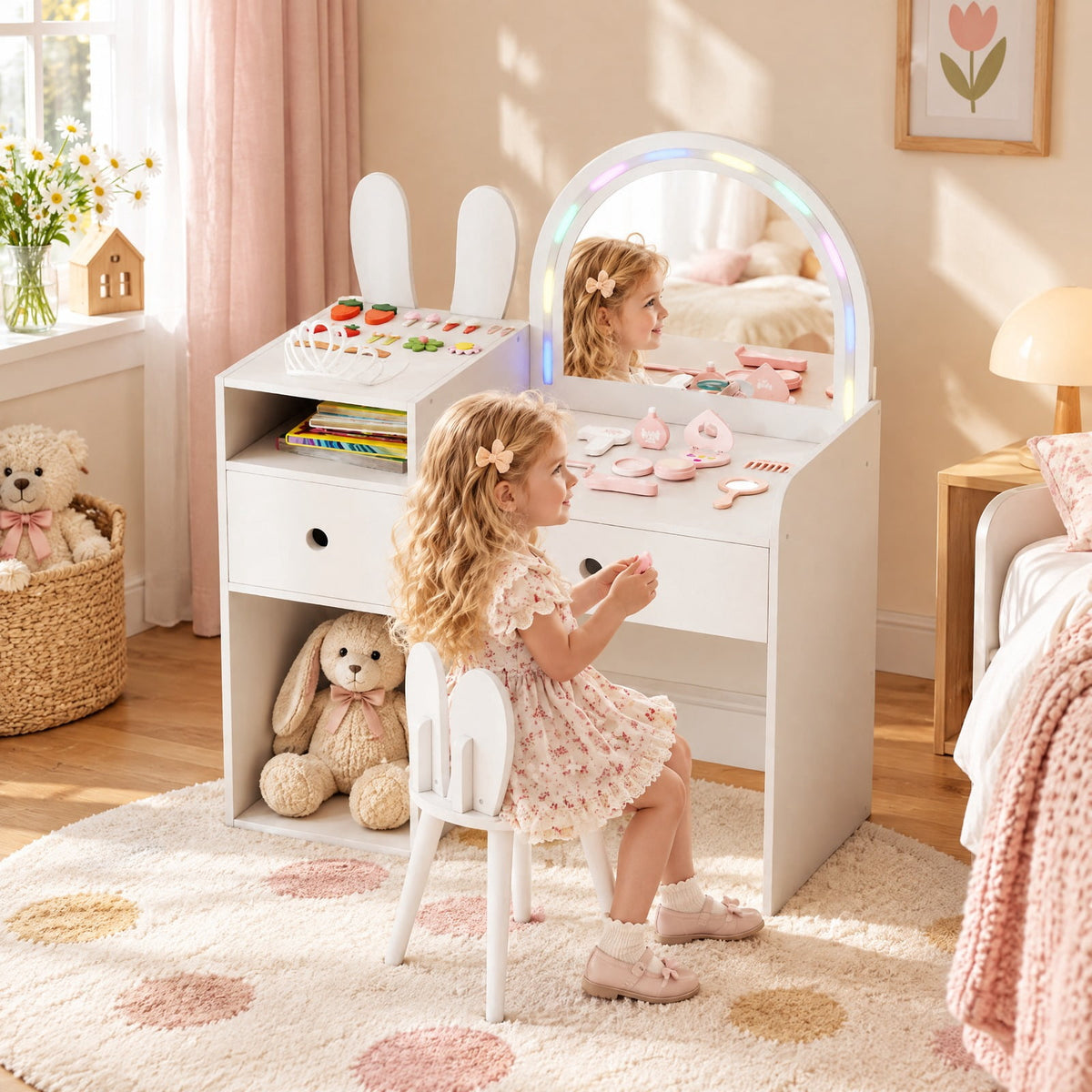 Airfind Kids Vanity Desk and Chair Set with Lights Open Shelves, 110 lbs Capacity, MDF Frame, 31.5 x 15.5 x 37.5 Tabletop Footprint, White